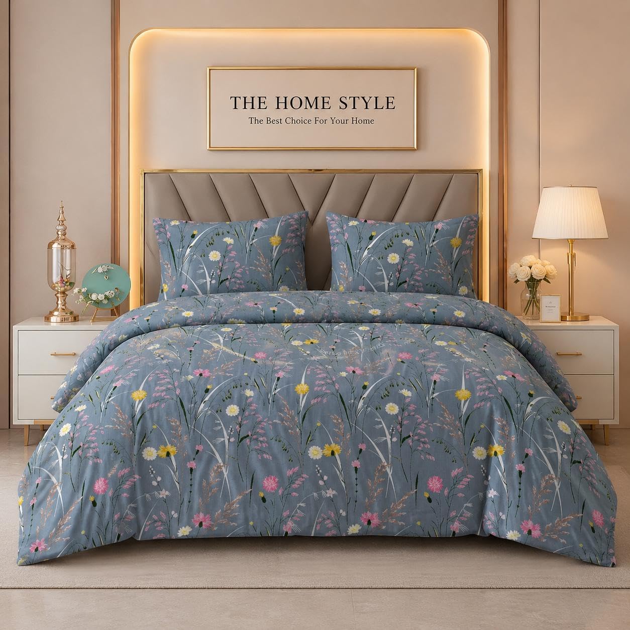THE HOME STYLE Supersoft Glace Cotton Elastic Fitted All Around King Size Printed Double Bedsheet with 2 Pillow Cover & King Size Comforter/Duvet/Blanket (72"x78" + Comforter, Bluebell Whisper)-image-21