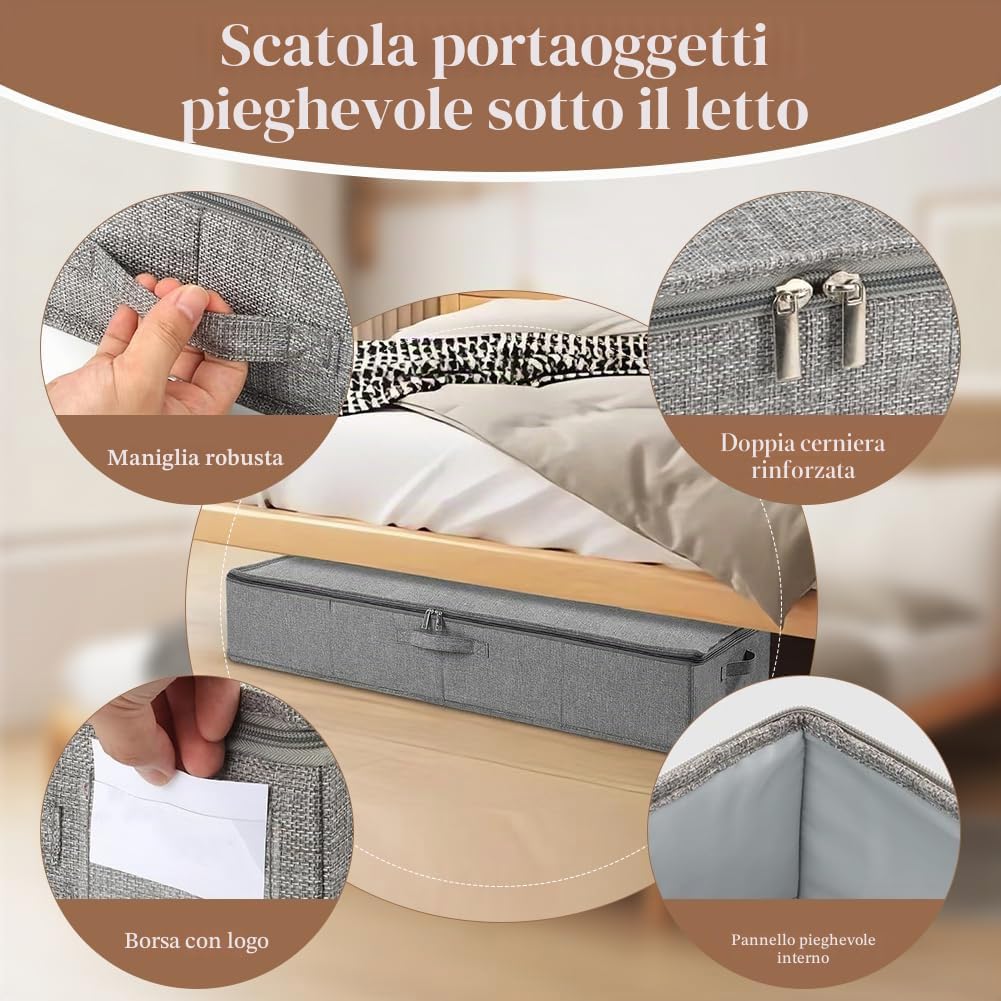 2 Cassettiera Sotto il Letto, Contenitore Sotto il Letto, con Coperchio e Maniglie, Pieghevole, 85 x 40 x 12 cm, per Vestiti, Coperte, Stabile Contenitore Sotto il Letto, Grigio