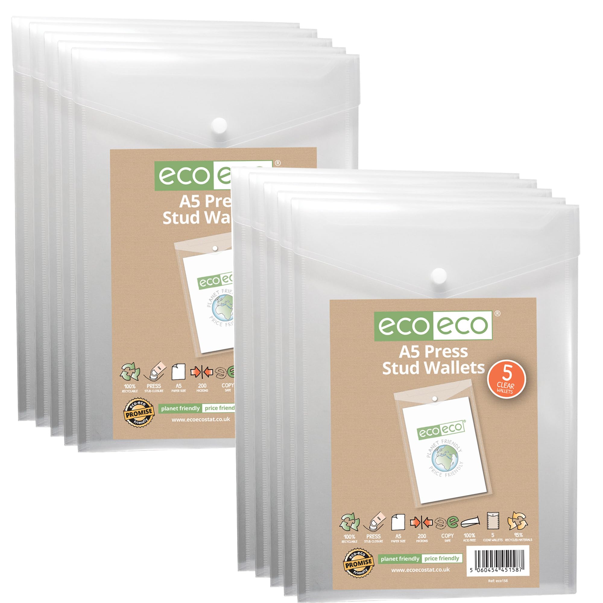 eco-eco A5 50% Recycled Clear Transparent Portrait Press Stud Popper Wallet, Plastic Folders 230x170mm (Pack of 10), 200mic, eco158x2
