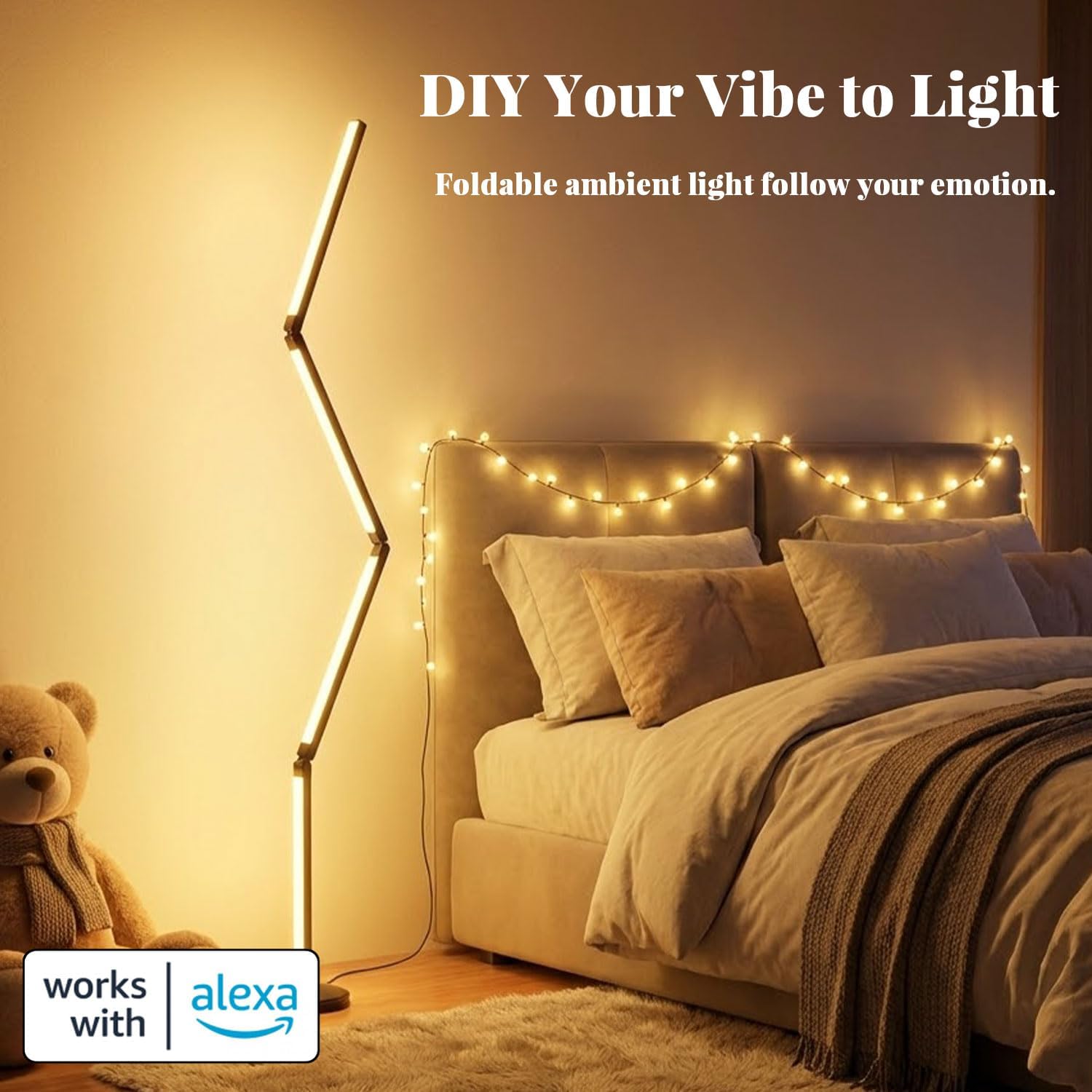 LED RGB Corner Floor Lamp Foldable Floor Light 2200K-6500K Tunable White with 16 Million Custom Colors Remote/App,Timer Setting (RGB Foldable Floor Lamp with Alexa Voice Control)