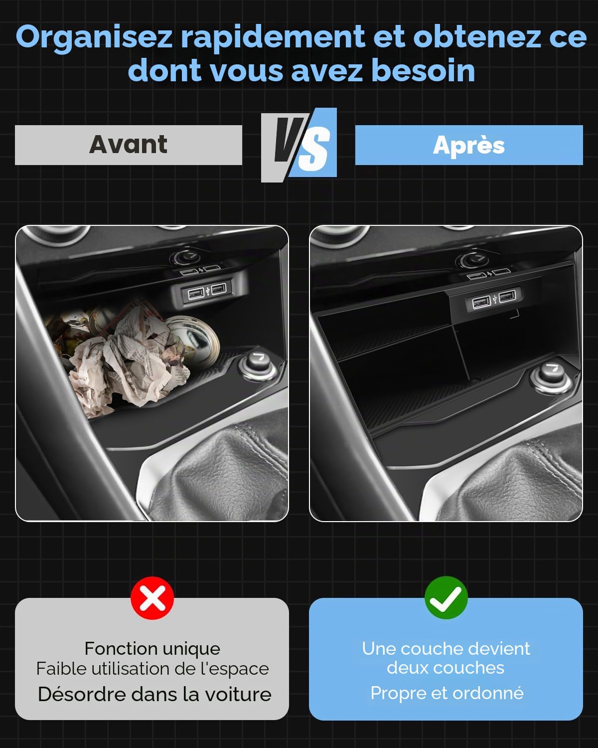 Compatible avec V W T-R OC 2018-2025 Console Centrale Commande Centrale Multifonction T R OC Boîte Rangement Console Centrale Voiture Organisateur Plateau T R OC 2023 Accessoires Noir