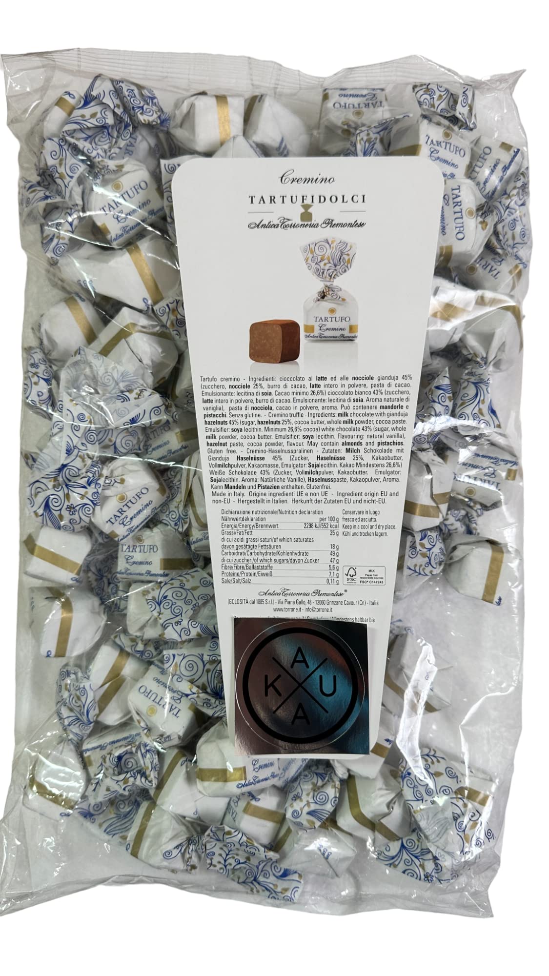 Antica Torroneria Piemontese - Italienische Tartufi dolci cremino, Kaukau Edition, 1kg Beutel, köstliche Vollmilch-Schokoladentrüffel mit Gianduiacreme. Feine italienische Nougat Tartufo