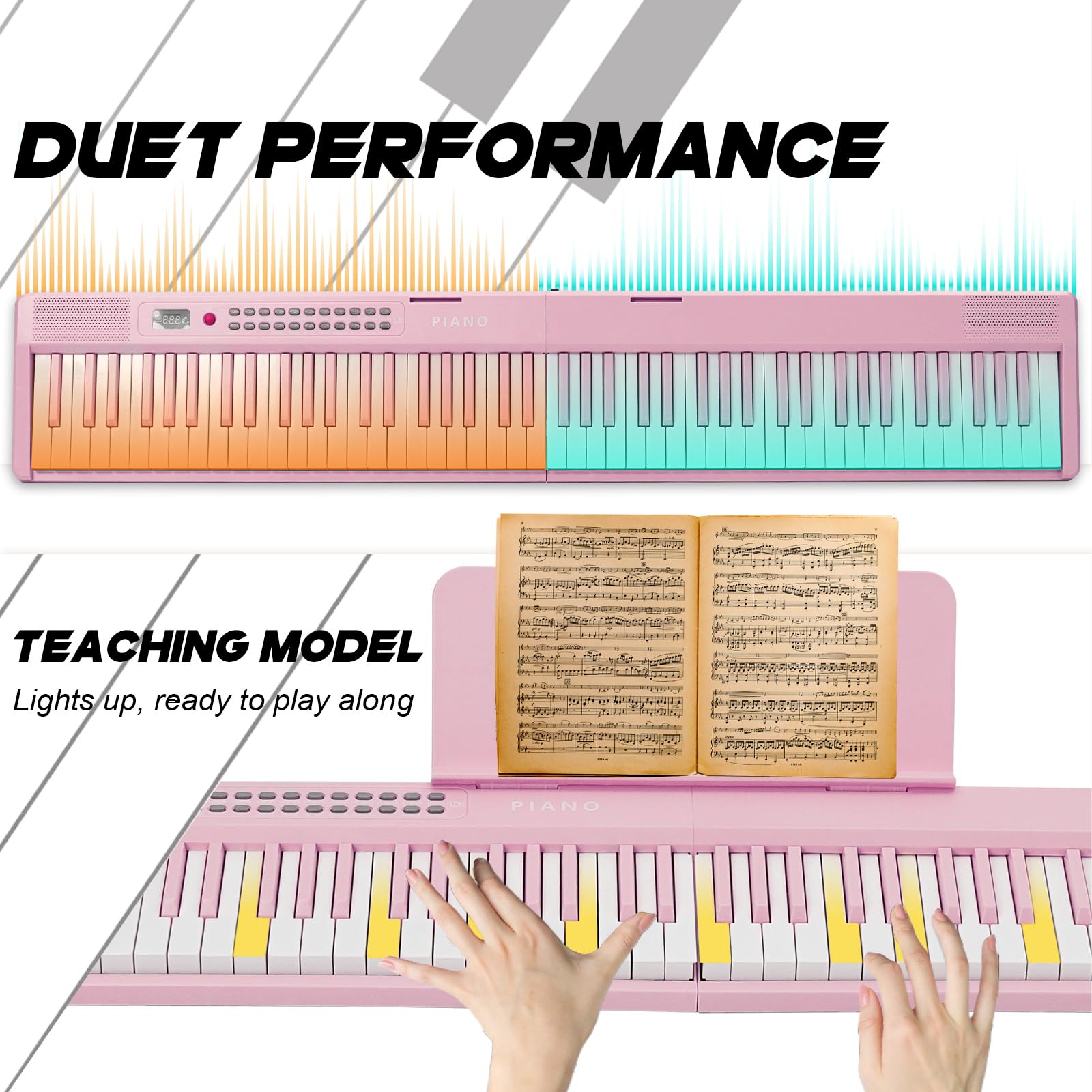 Tastiera per pianoforte a 88 tasti, pieghevole, portatile, con tasti illuminati, pedale professionale, Bluetooth, cuffie, MIDI, 200 suoni, 80 canzoni demo, modalità lezione per principianti, rosa