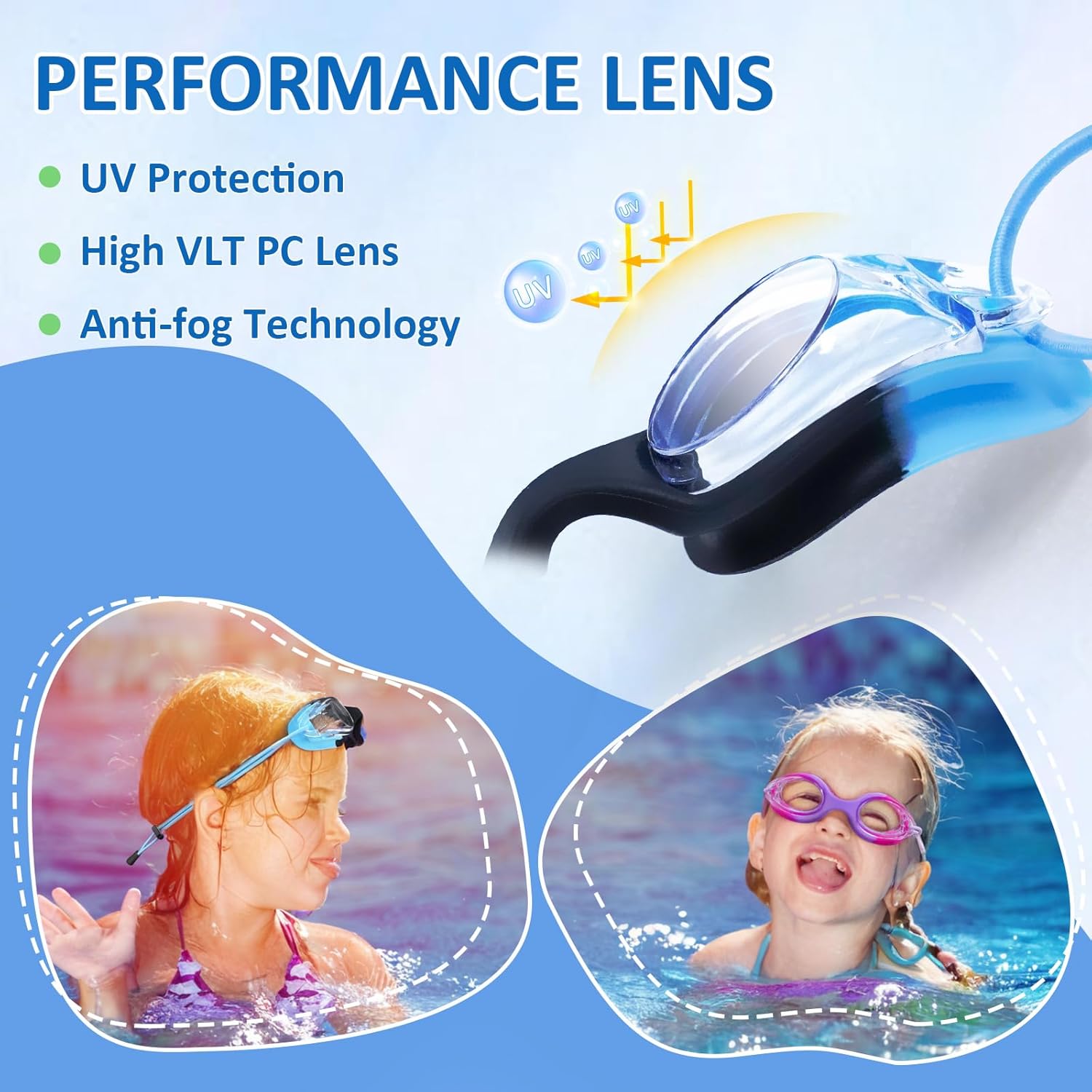XDX Kids Swim Goggles, 3 Pack With Adjust Bungee Strap, No Leaking Anti-Fog for Boys Girls Age 3-14