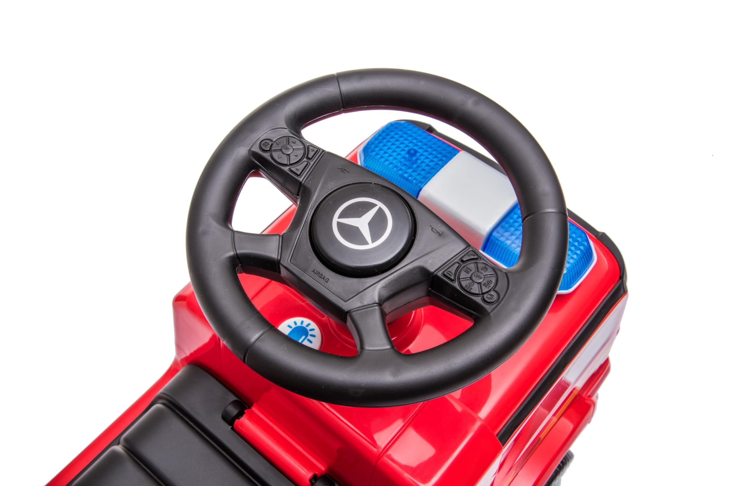 Camion Pompieri Cavalcabile Primi Passi per Bambini 1‑3 Anni con Licenza Mercedes – Sirena, Clacson, Schienale Ergonomico, Vano Portaoggetti, Antiribaltamento