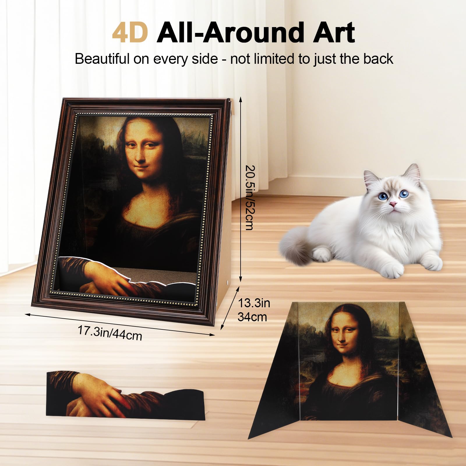 Mona Lisa legowisko dla kota – obraz olejny 4D - drapak dla kotów domowych, półokrągłe i podłokietniki, kartonowy domek dla kotów, nowość prezent dla kocich łap