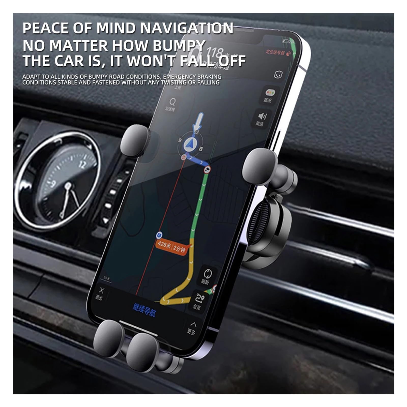 Porta Cellulare Auto Supporto for telefono da auto Gravity for telefoni cellulari da 4,7-7 pollici, supporto universale antiurto for bocchetta dell'aria, clip GPS for smartphone(Black--long handle)