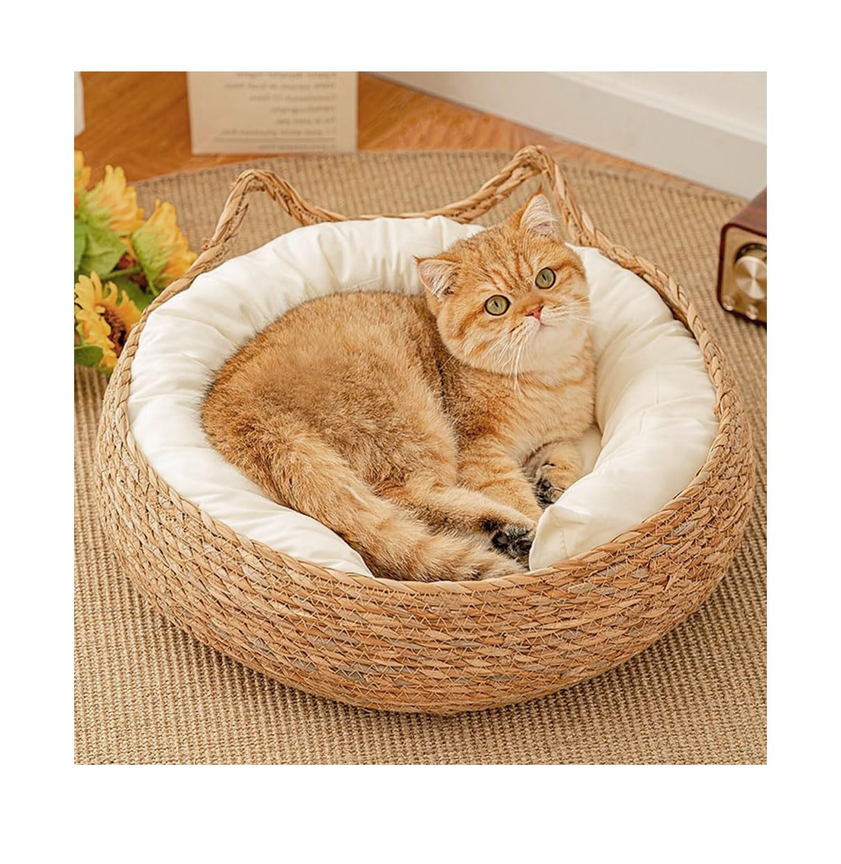 سرير قطط منسوج من القش من بورتالوف، سرير دائري 43 سم للحيوانات الاليفة الصغيرة مع وسادة ناعمة، سرير للحيوانات الاليفة قابل للازالة والغسل للقطط او الكلاب الصغيرة