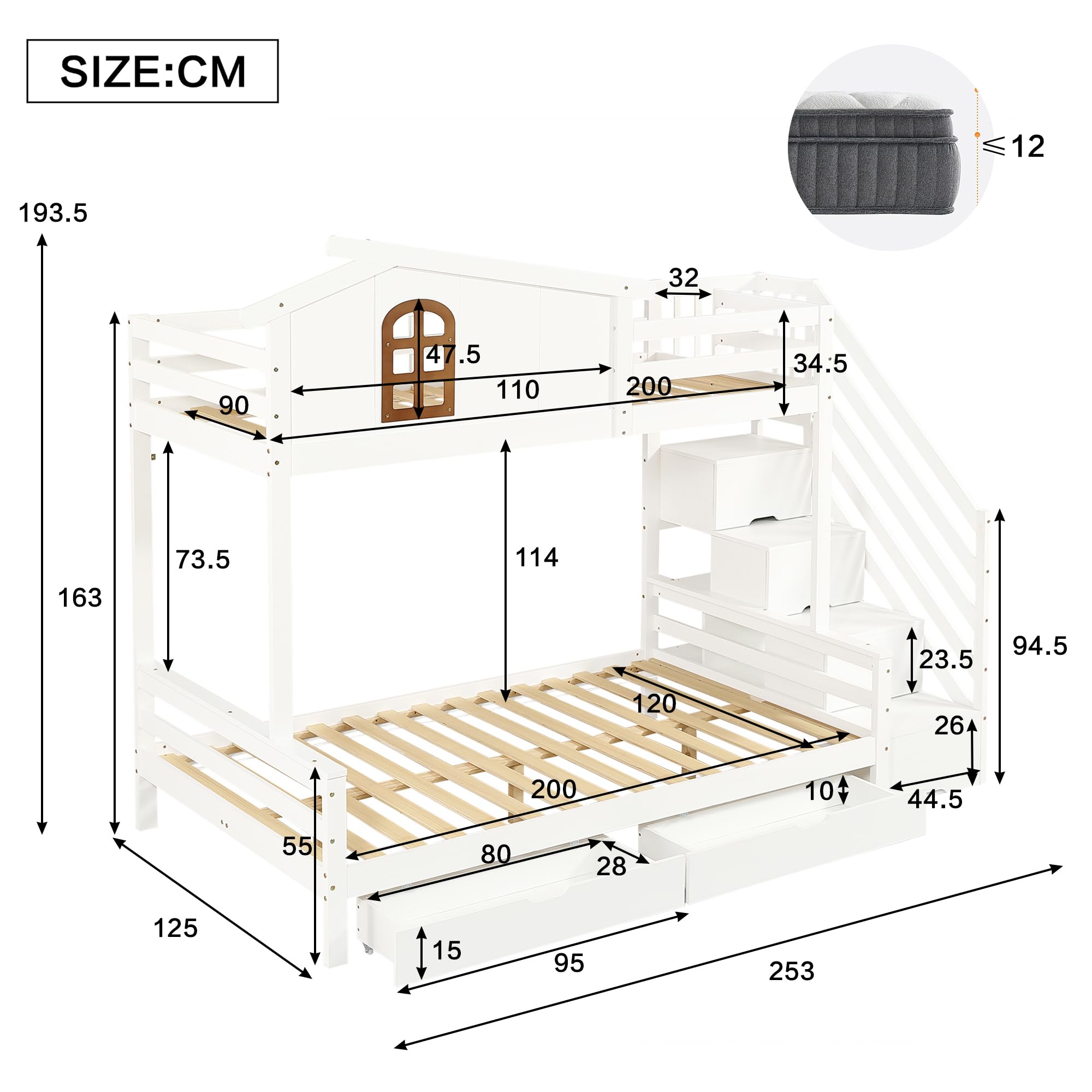Kinderbett Bett 90x200 & 120x200 cm Etagenbett 2 Kinder, Hochbett mit Stauraum Treppe, Hausbett mit Stauraum 2 Schubladen, Holzbett Kinderbett mit Rausfallschutz, Ohne Matratze, Weiß