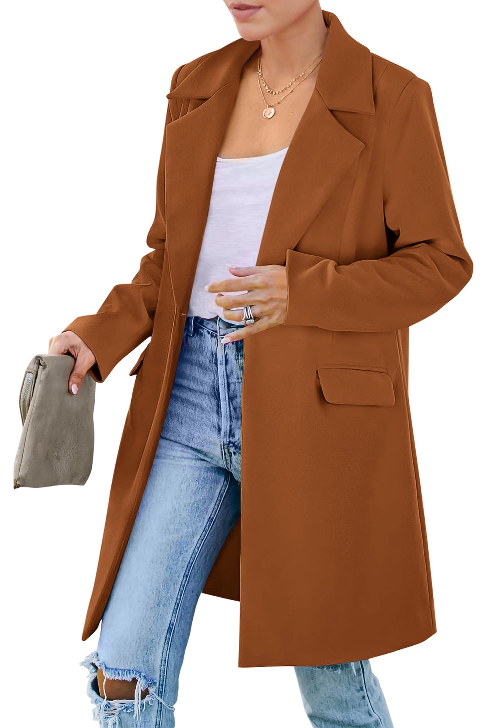 PRETTYGARDEN Women's 2026 Spring Fall Long Blazer Jackets Long Sleeve Lapel Pockets Loose Fit Work Casual Blazers Outerwear