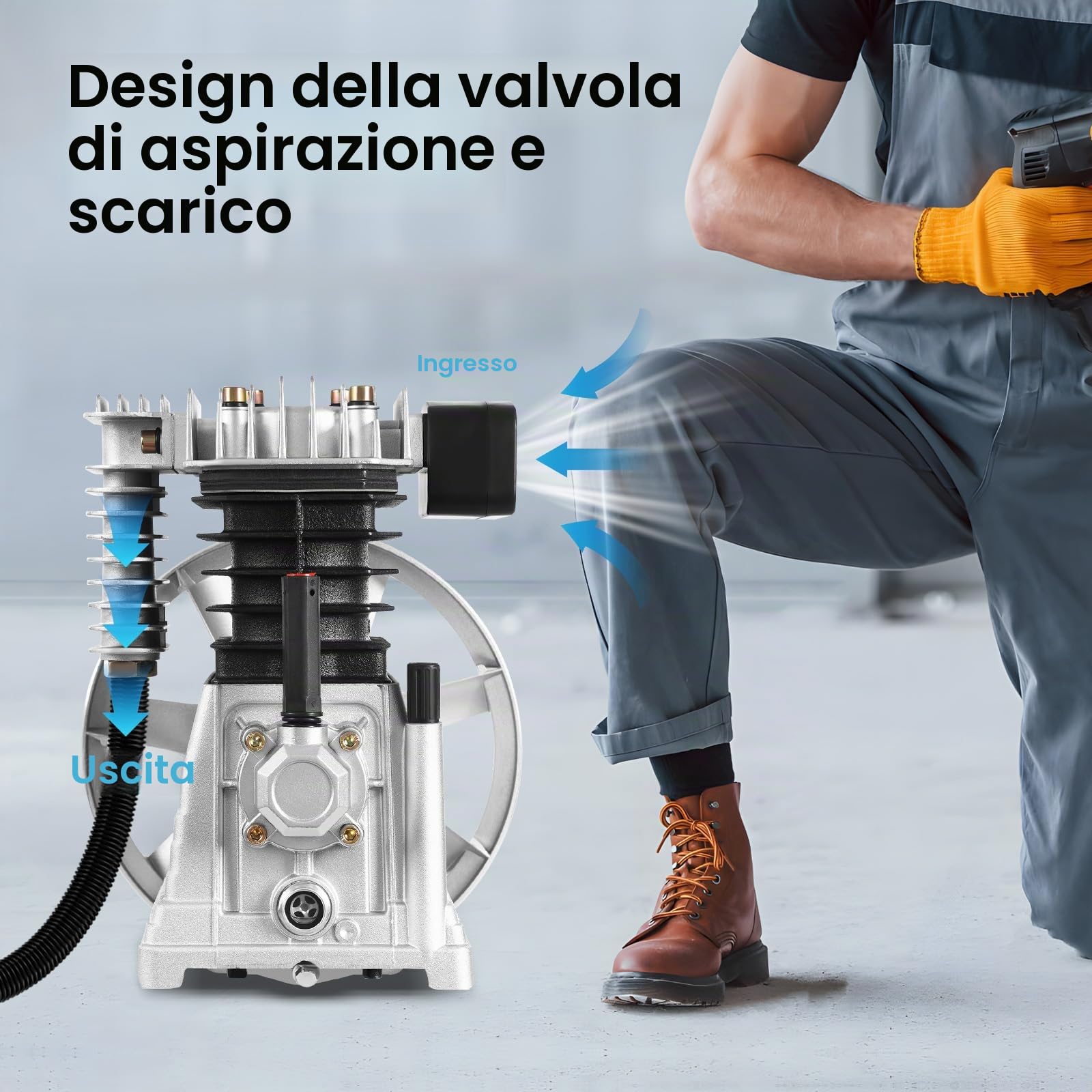 3 CV, testa del compressore d'aria a due cilindri, testa del compressore d'aria, con silenziatore filtro dell'aria, portata 250 l/min, per utensili ad aria compressa, decorazione