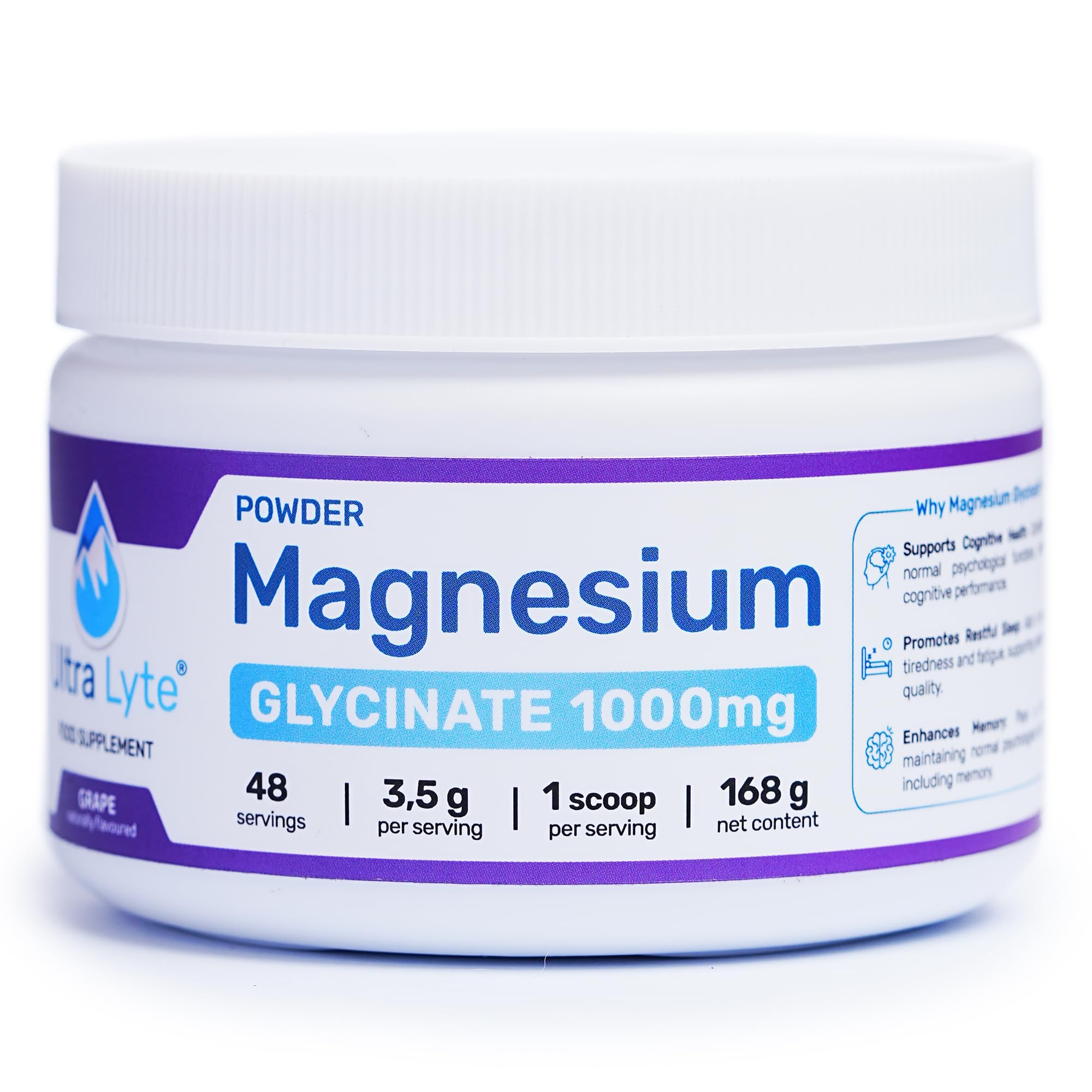 Ultra Lyte Magnesium Glycinate Powder with Trace Minerals 180g – Vegan & Gluten-Free Flavoured Magnesium Supplement – for Sleep Aid, Stress Relief & Muscle Relaxation – 60 Servings (180g, Grape)