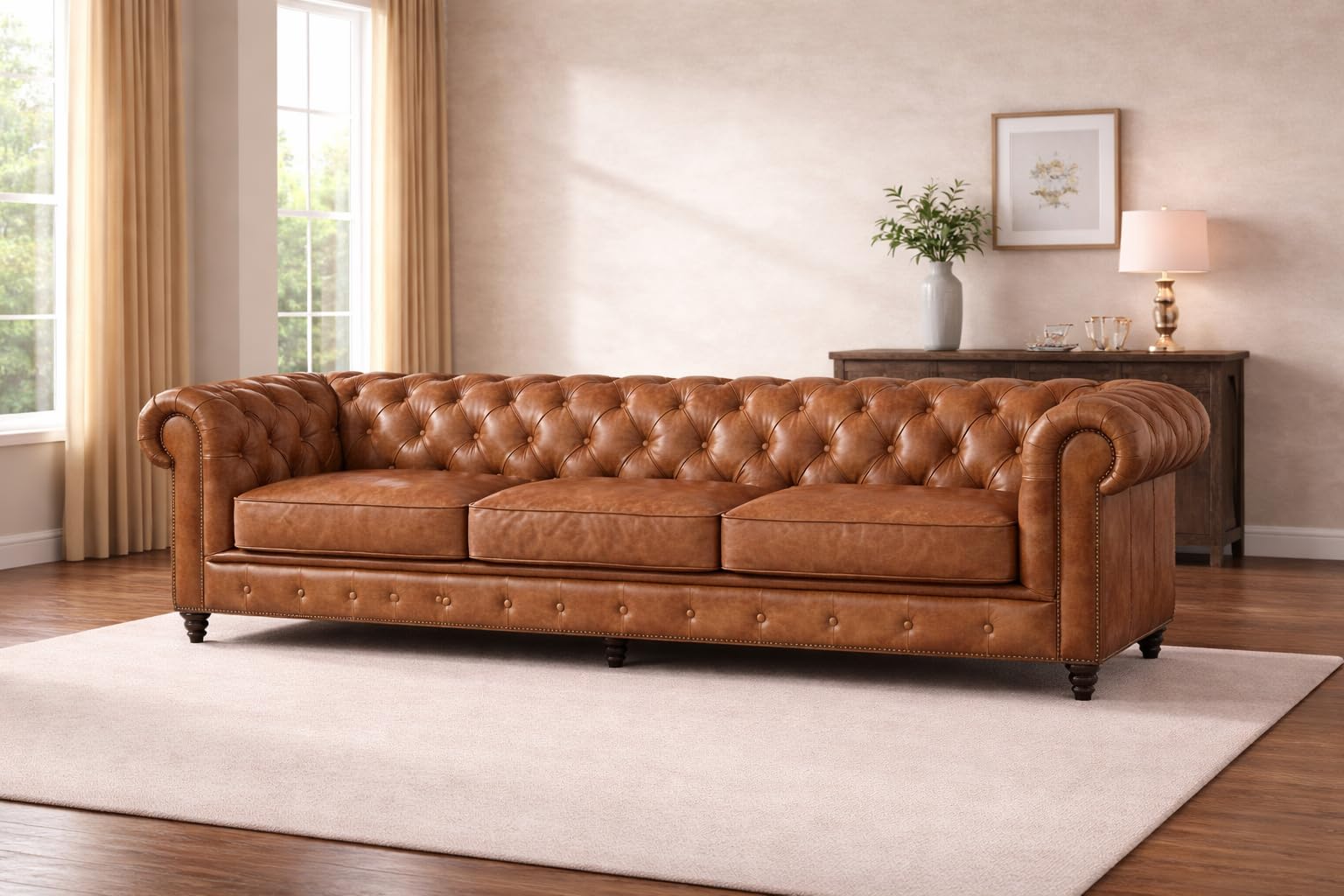 Leatherette Chesterfield Sofa Set Deep Button Tufted, Classic Style Sofa Set Sofa for Your Hall,Living Room and Office (Brown Leather, 3 Seater)-image-41