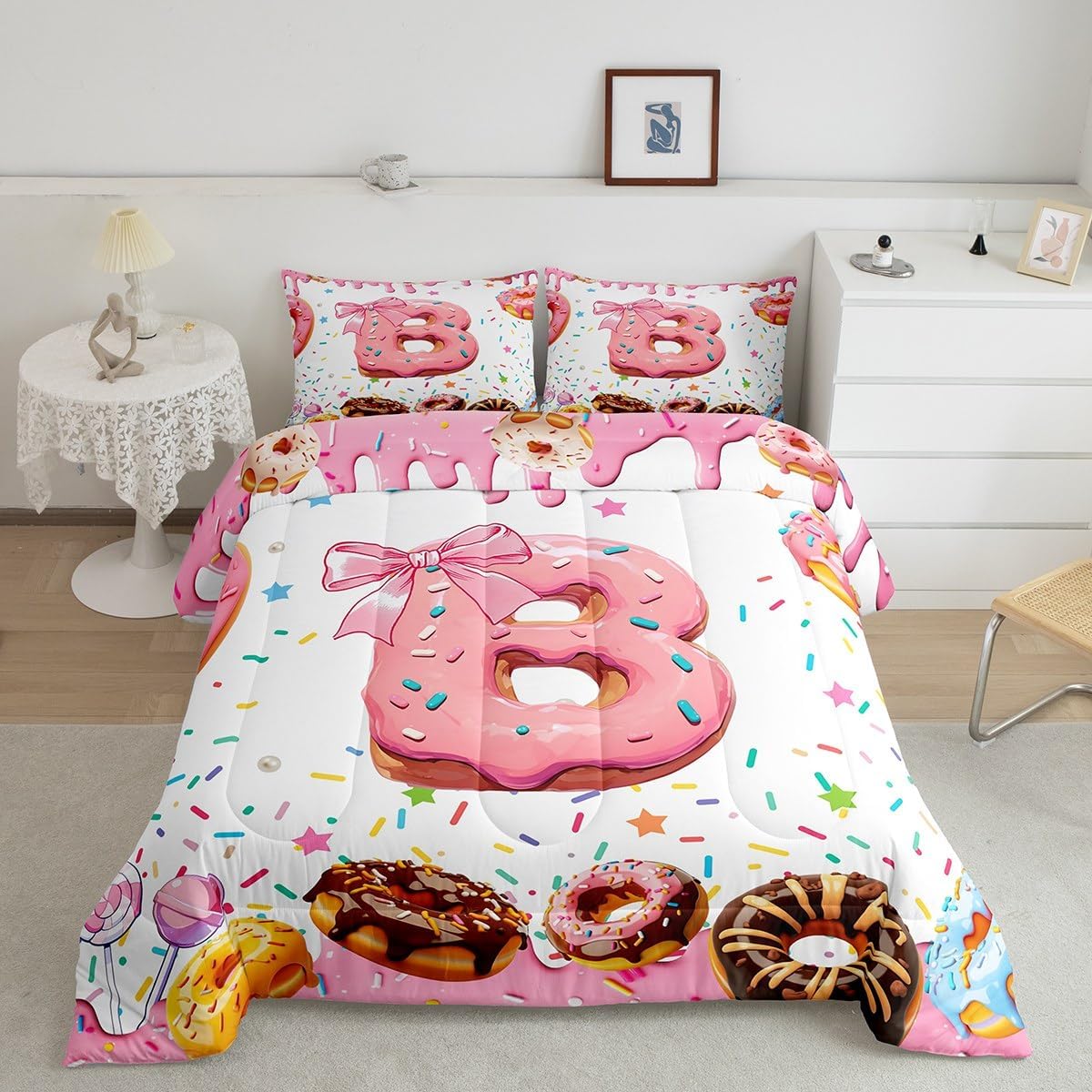 Erosebridal Initial Letter B Comforter Set Twin Size for Women Teen Girls Preppy Pink Alphabet B Kids Bedding, Cute Donut Sweet Desert Comforter Princess Dreamy Bowknot Bed Set Bedroom Decor