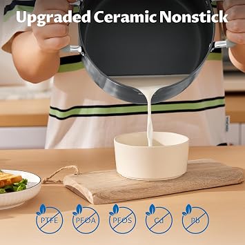 BEZIA 6 Quart Ceramic Non Stick Stock Pot with Strainer Lid & Pour Spout
