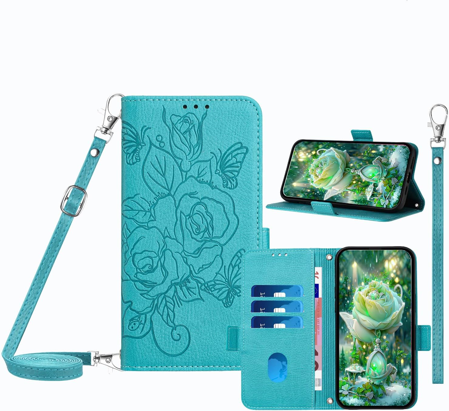 IVY PU Leather Flip Cover Wallet Case [Rose][Wrist & Shoulder Strap][Card Holder][Kickstand] for iPod Touch 7/6/5 Case - Mint Green