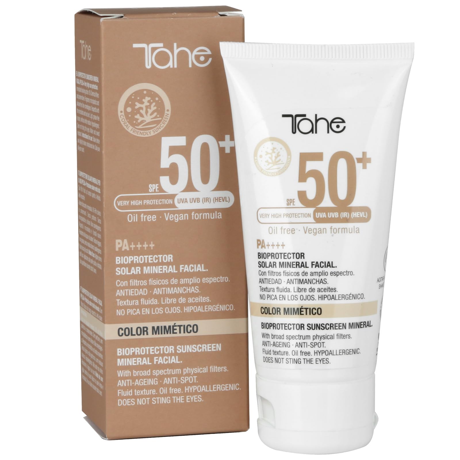 Tahe Bioprotector solar mineral facial con Color Mimético 0% filtros químicos y conservantes, FPS 50+, 50 ml