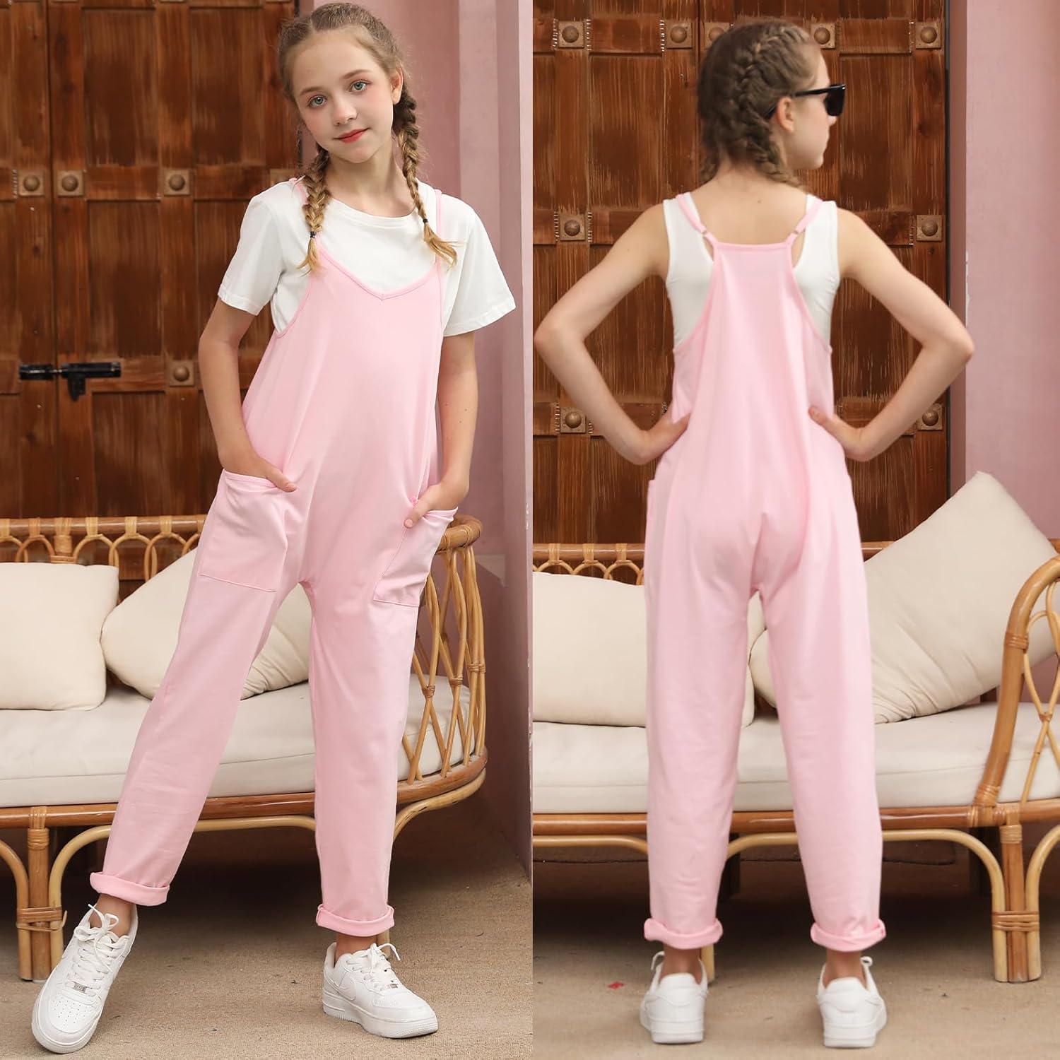 RAISEVERN Jumpsuits for Girls Casual Sleeveless Loose Spaghetti Strap Summer Rompers Long Pants with Pockets - Image 2