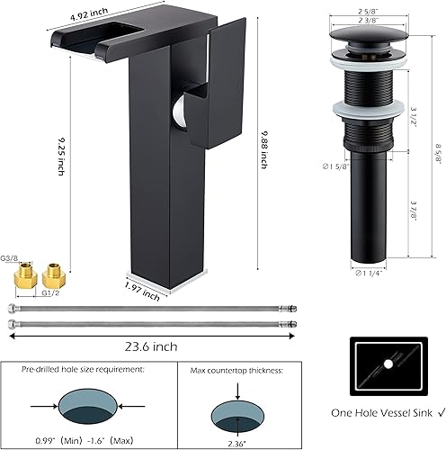 Miniatura 3 de Grifo de baño negro, cascada, boquilla abierta, luz LED, 3 cambio de color, mango de un agujero, latón para lavabo, lavabo, sin desbordamiento,