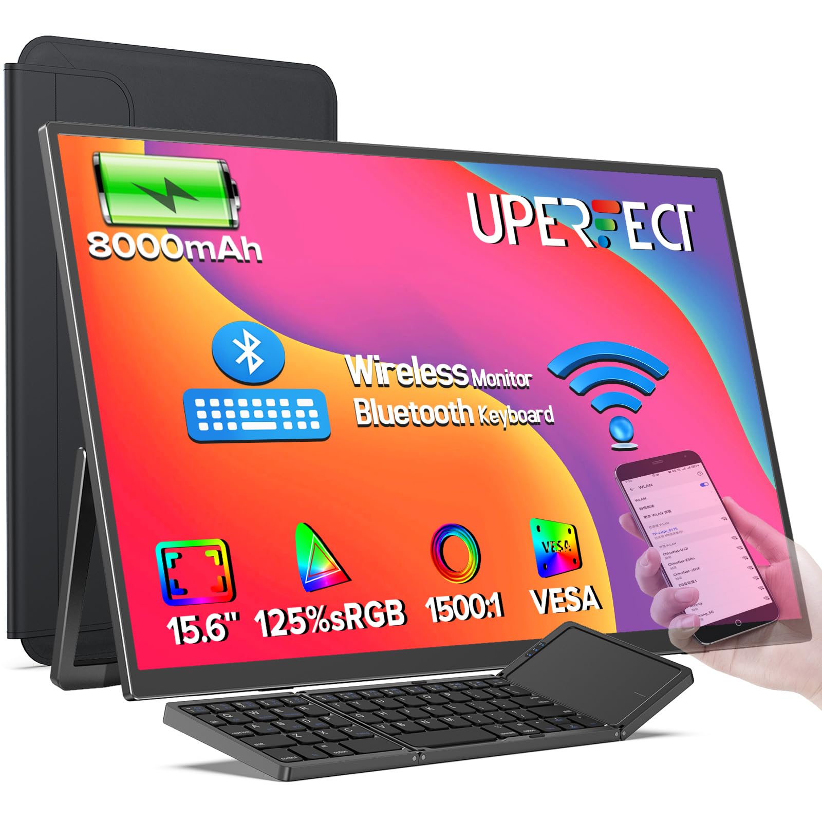 UPPERFECT Monitor Portatile Wireless con 8000mAh Batteria, 15.6 Pollici 125% sRGB Display Mobile Schermo IPS FHD con Custodia/Tastiera per per PC/Laptop/Phone/Console, Supporto AirPlay/Miracast
