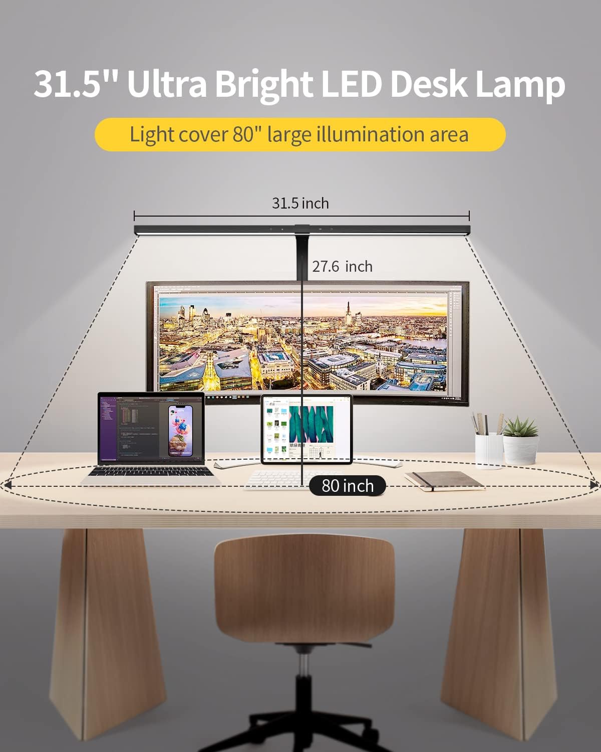 Desk Lamps for Home Office, 24W Extra Bright Office Desk Lighting, 31.5" Wide Modern Black Desk Lights with Auto Dimming Memory Function, Stepless Dimming Task lamp for Workbench Monitor