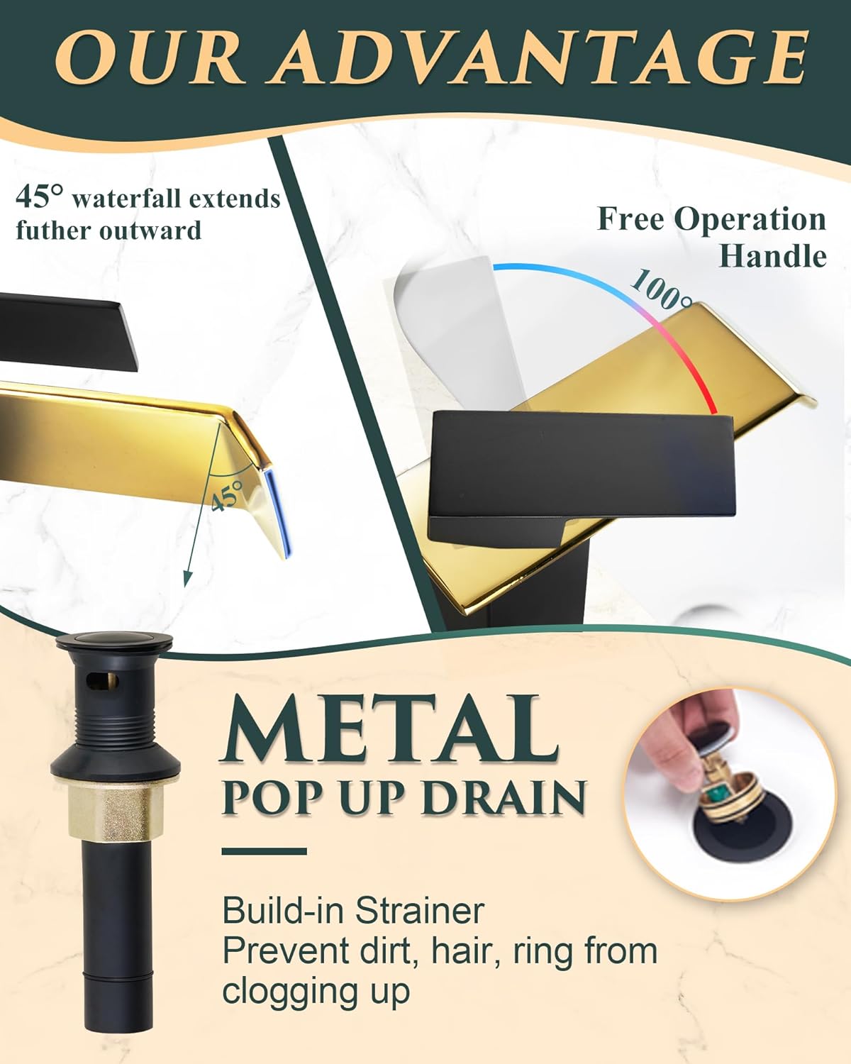 Black & Gold Waterfall Bathroom Sink Faucet – Single Hole 304 Stainless Steel Faucet with Metal Pop-Up Drain, Low-Profile Design for Modern Vanities​ - Image 4