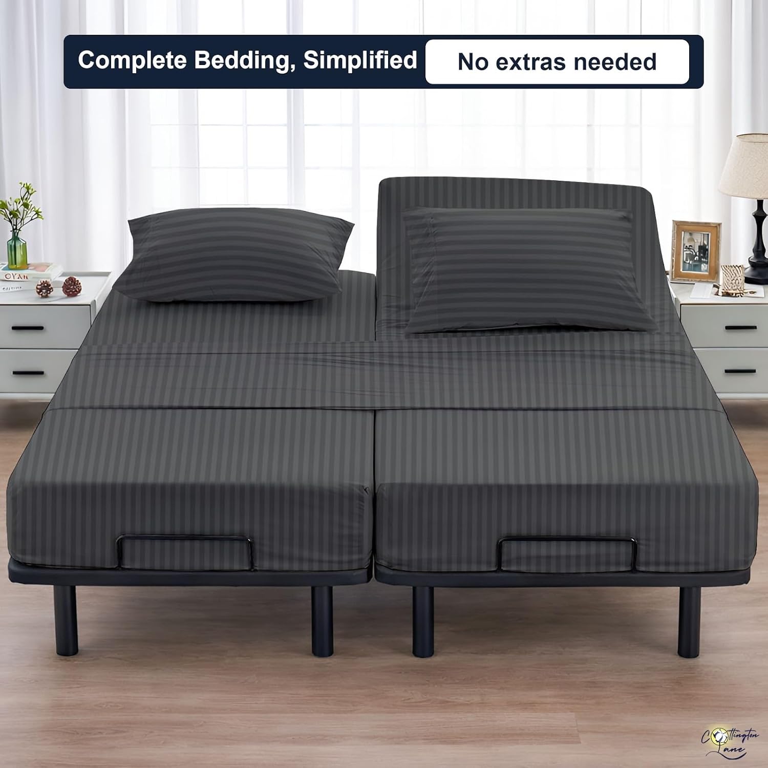 Cottington Lane Split Queen Sheets Sets for Adjustable Bed, Premium Cotton Split Queen Coolling Bed Sheets with 16 Inch Deep Pockets, Hotel Luxury Ultra Soft & Durable Bedding, Dark Grey Stripe