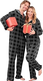 Onesie Couples Matching Pajamas - Funny Plaid Zipper Hooded Pjs Sets for Women & Men Soft Warm Christmas Jumpsuit