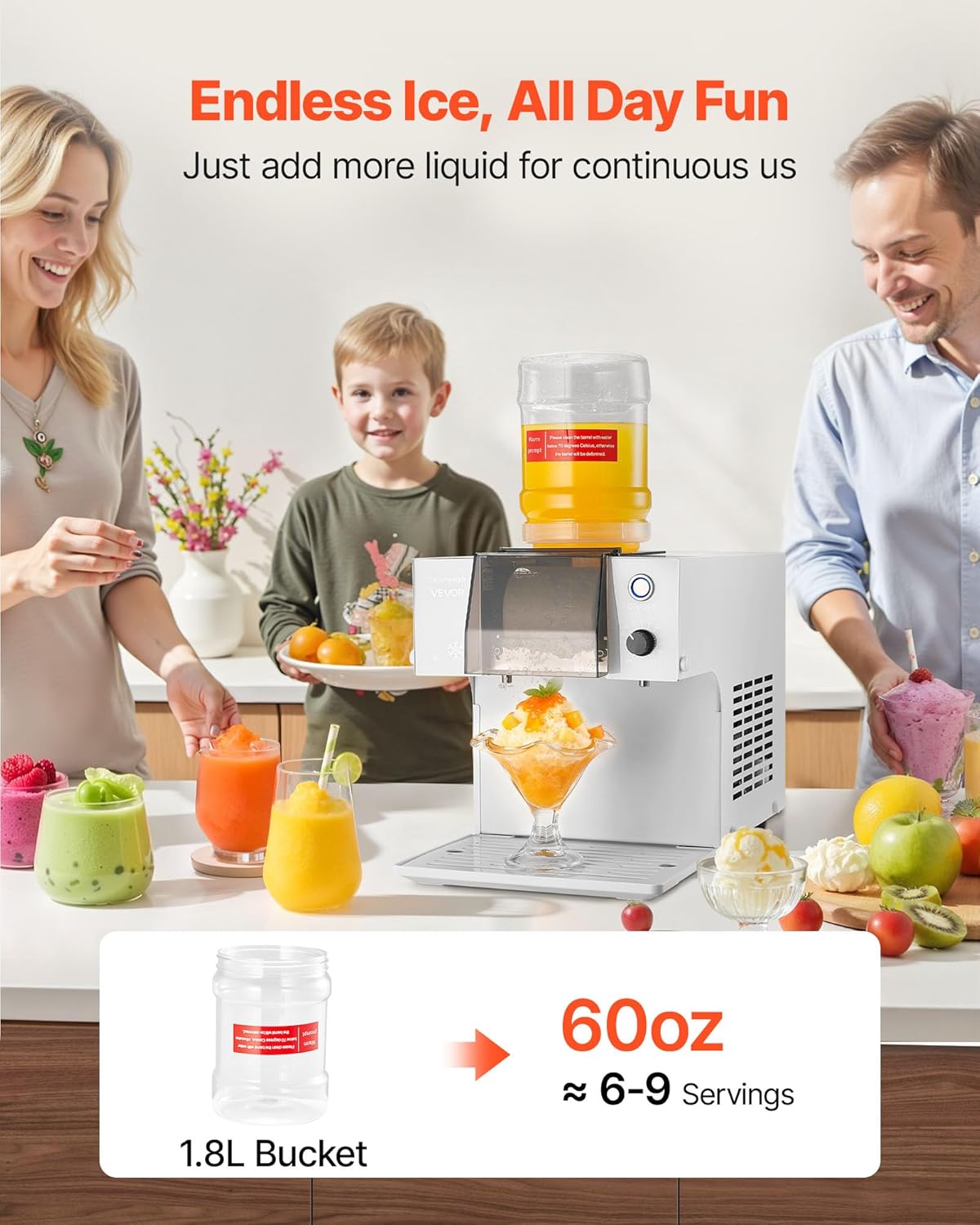 VEVOR Snowflake Ice Machine, 132LBS/24H Snowflake Ice Maker, Ice-Shaver Machine with Stainless Steel Blade, Electric Snow Cone Maker with 0.48Gal Tank, 90S Fast Pre-Cooling, for Home & Small Gathering