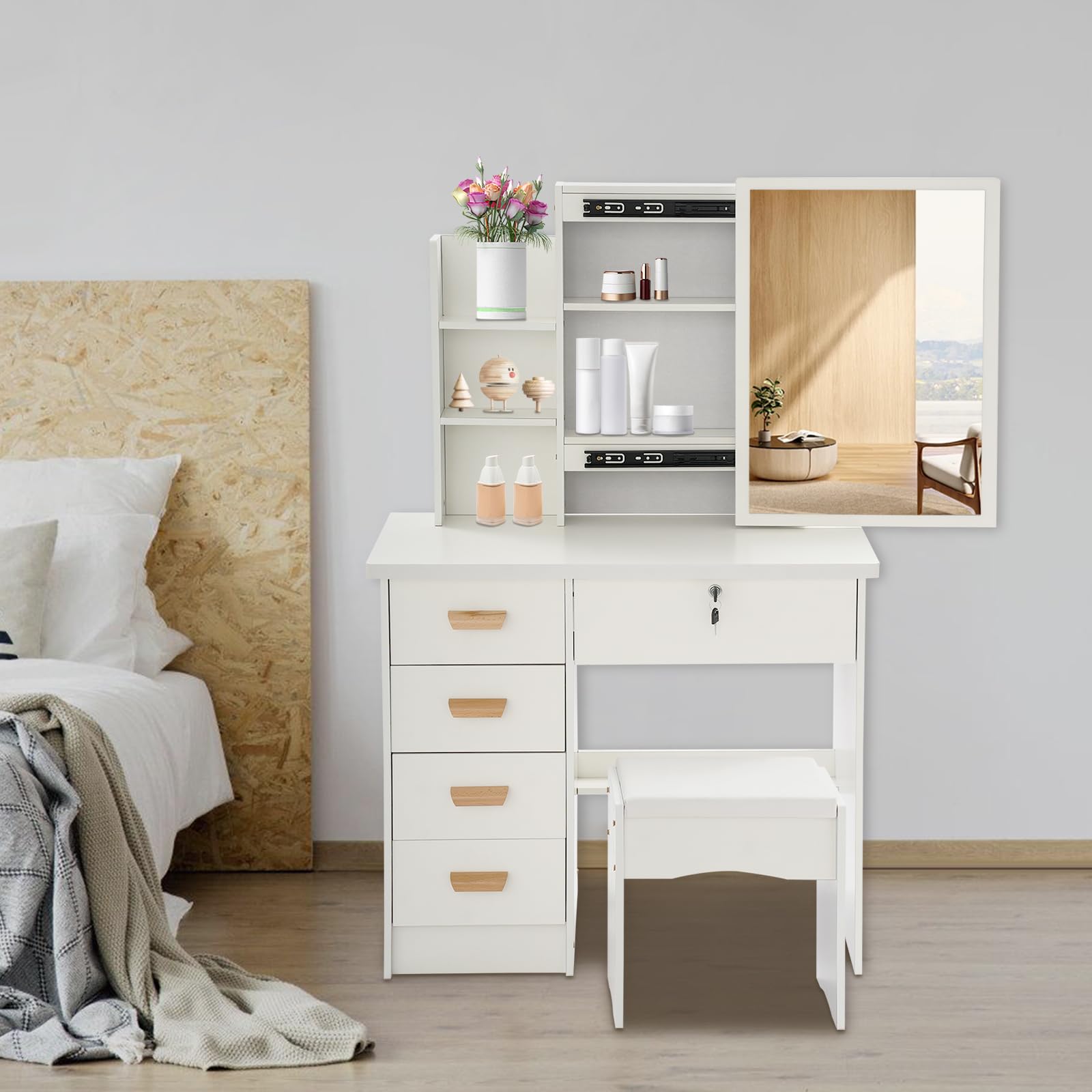 Tocador con espejo, mesa de maquillaje 5 cajones, 80 × 35 × 128 cm, con taburete, hasta 100 kg, blanco | moderno | con cerradura
