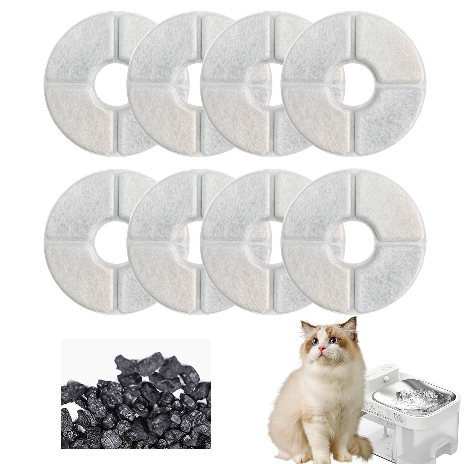 12Pack Cat Water Fountain Filters, Round Replacement Filters for 2-2.5L Cat Water Fountain- Triple Action Replacement Pet Filter Cartridges with Activated Carbon Resin Coconut Shell Cotton