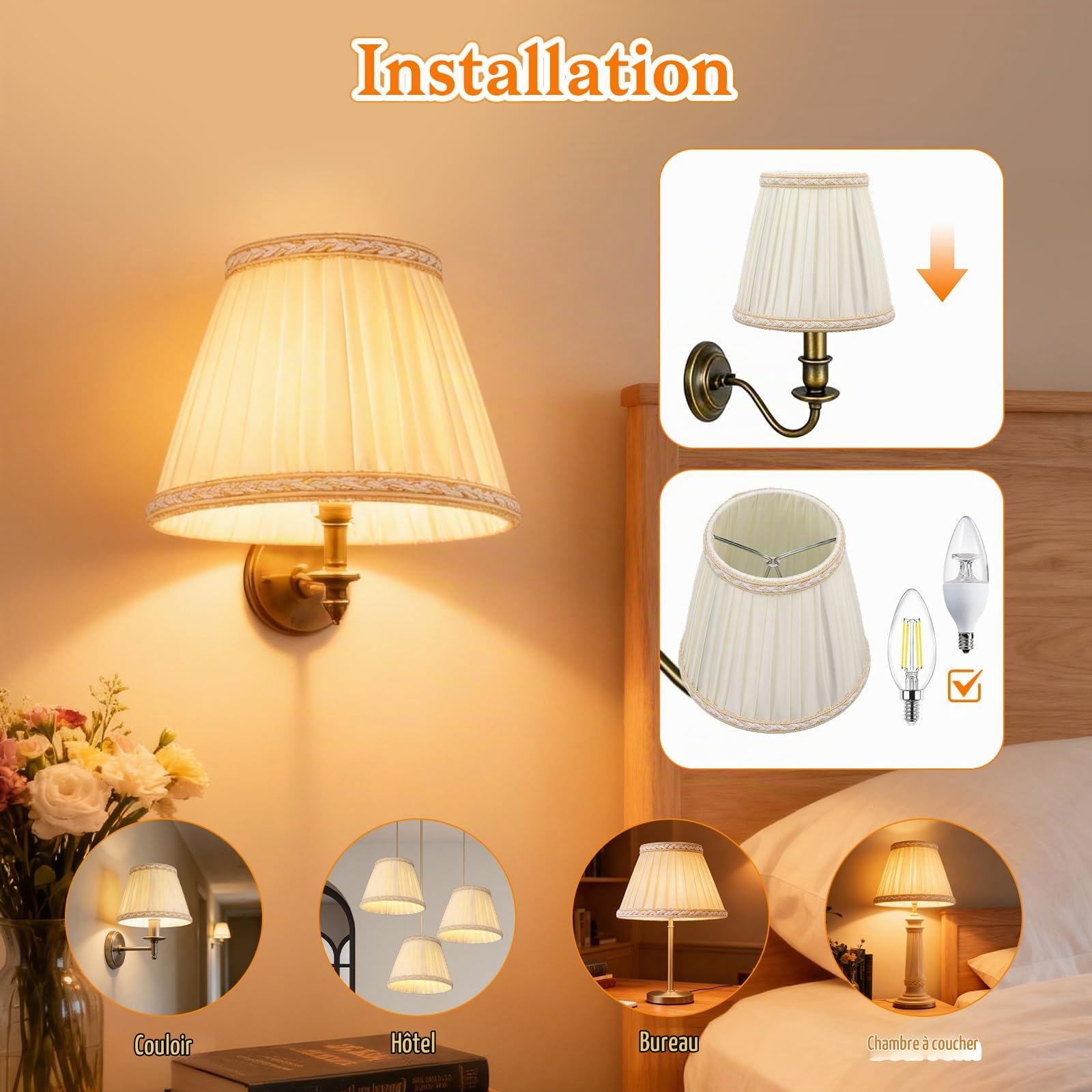 6 Pcs Abat-jour en Tissu, 9 x 13 x 14 cm Adapté aux Ampoules E14, Accessoires D'éclairage de Lustre de Chevet, D'abat-Jour Mural de Style Nordiques pour Lampes de Table, Lustres, Appliques Murales