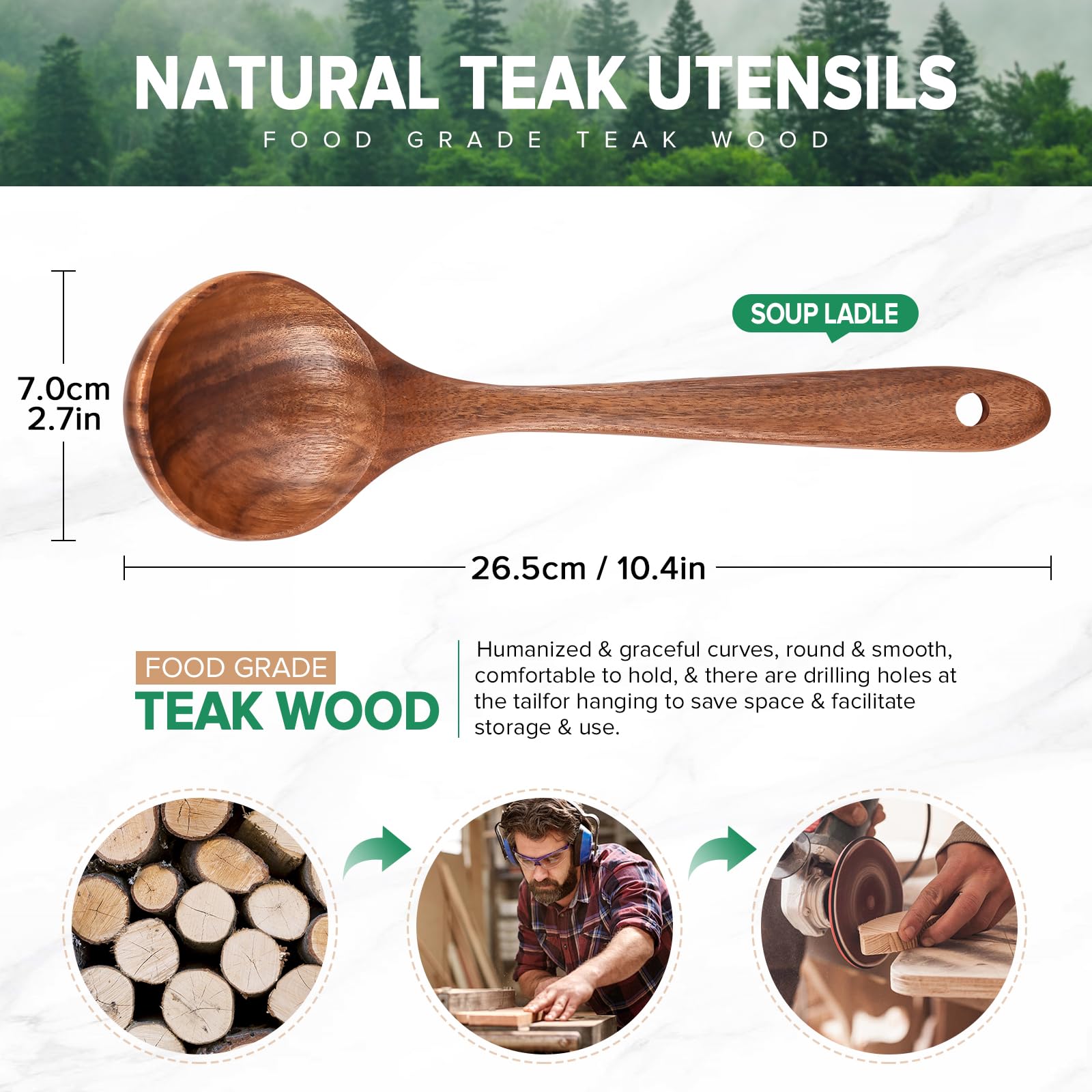Wooden Soup Spoon for Cooking, Teak Acacia Soup Ladle, Non-Toxic Natural Wood Serving Spoon for Gravy Sauce Porridge, Long Handle Deep Scooper Server Utensil, No-Scratch Cookware Surface,10.6?