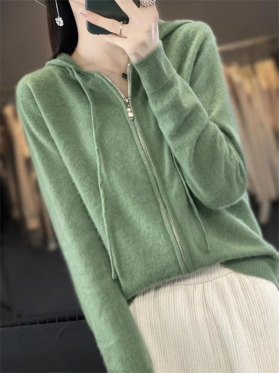 Cardigan da donna con cappuccio e cerniera, a maniche lunghe, in cashmere, lavorato a maglia