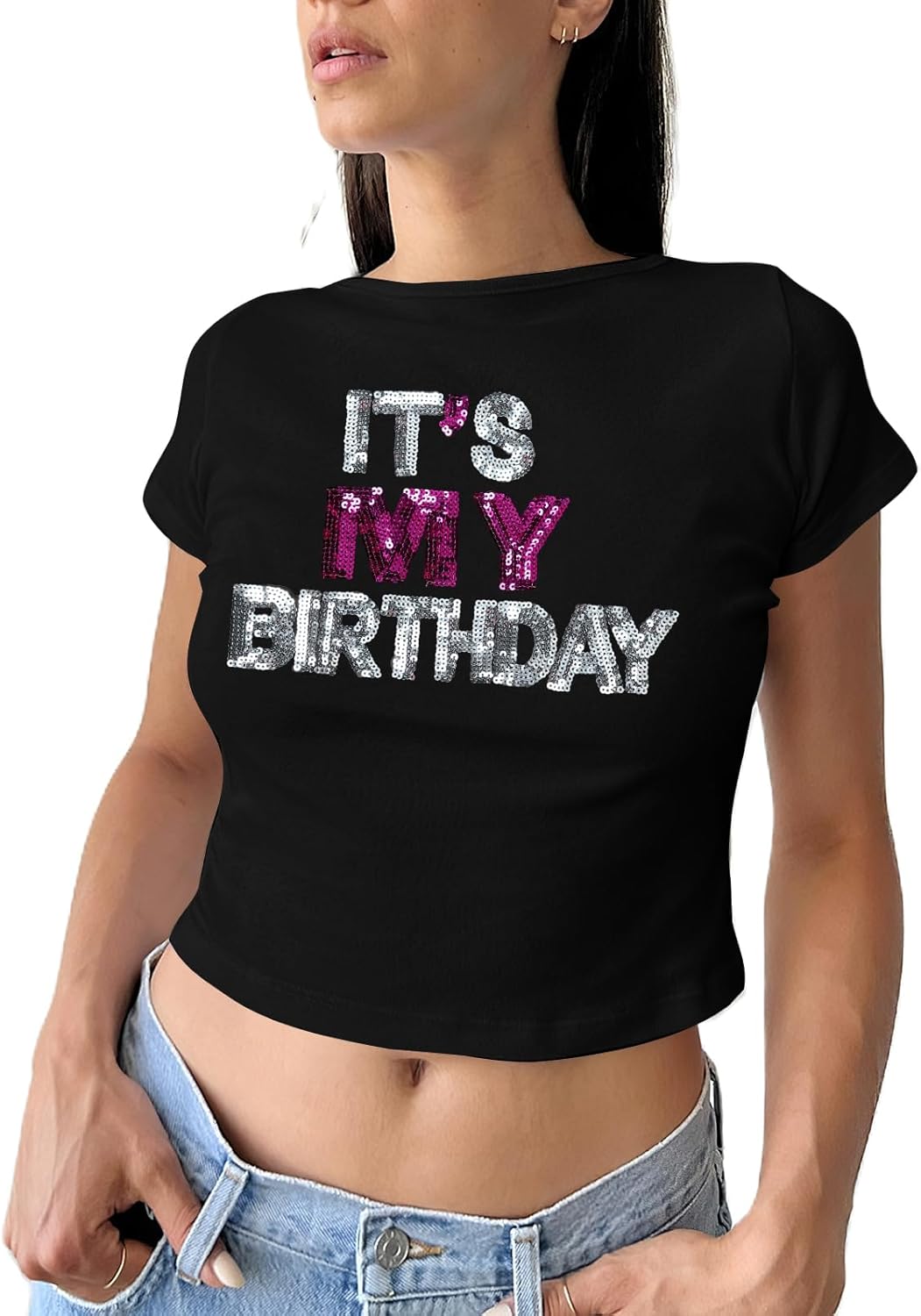 Birthday Shirts for Women It's My Birthday Graphic Tees Funny Crop Shirt Glitter Y2k Baby Short Sleeve Top - Image 6