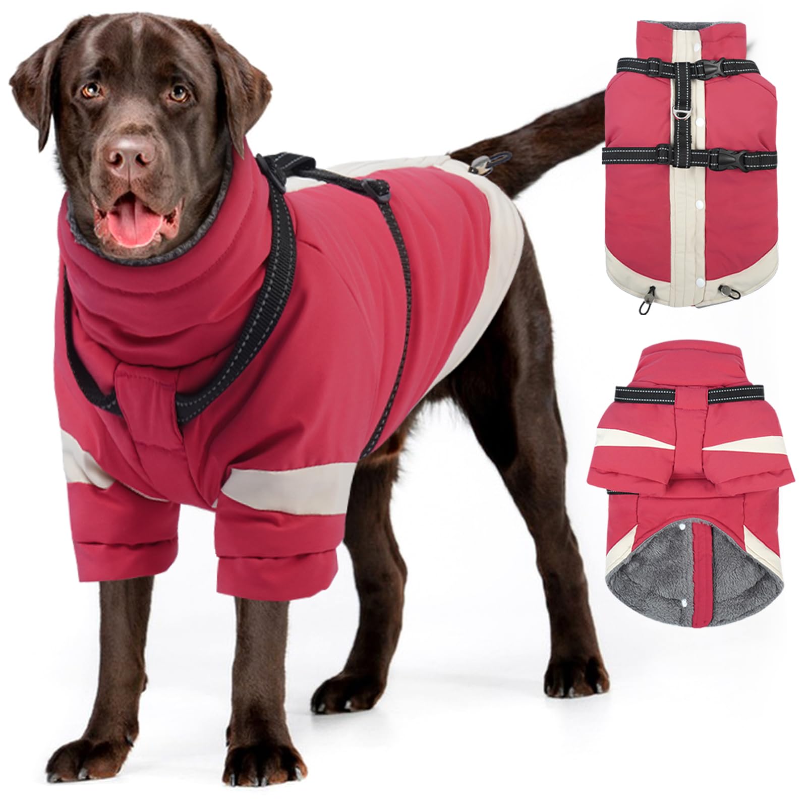 MIGOHI Rainproof Dog Winter Jacket with Harness,XXL Large Fleece Dog Coat with Sleeves,Adjustable Pet Puffer Jacket Snowsuit Cold Weather Coats for Golden Labrador Retriever,XXL,Pink
