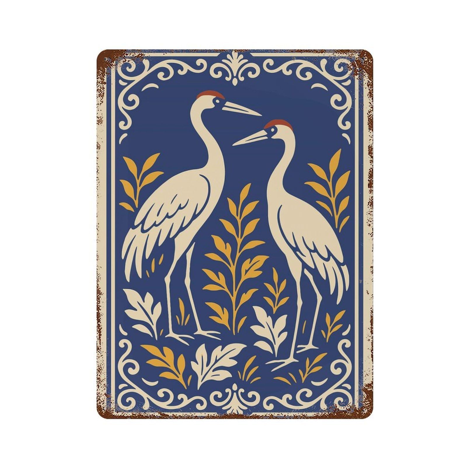 Aged Metal Wall Plaque with Elegant Cranes with Floral Border Design 15.7"x11.8", for Shed, Workshop And Garage Wall Decor, Decorative Metal Wall Art