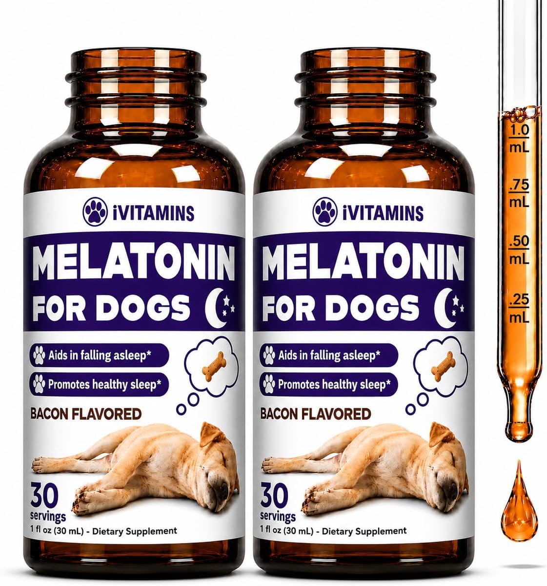 Dog Melatonin - Melatonin for Dogs - Supports Healthy Sleep, Rest, Calming & Much More - Dog Sleep Aid - Sleep Aid for Dogs - 1 fl oz - Bacon Flavor - 2 Pack