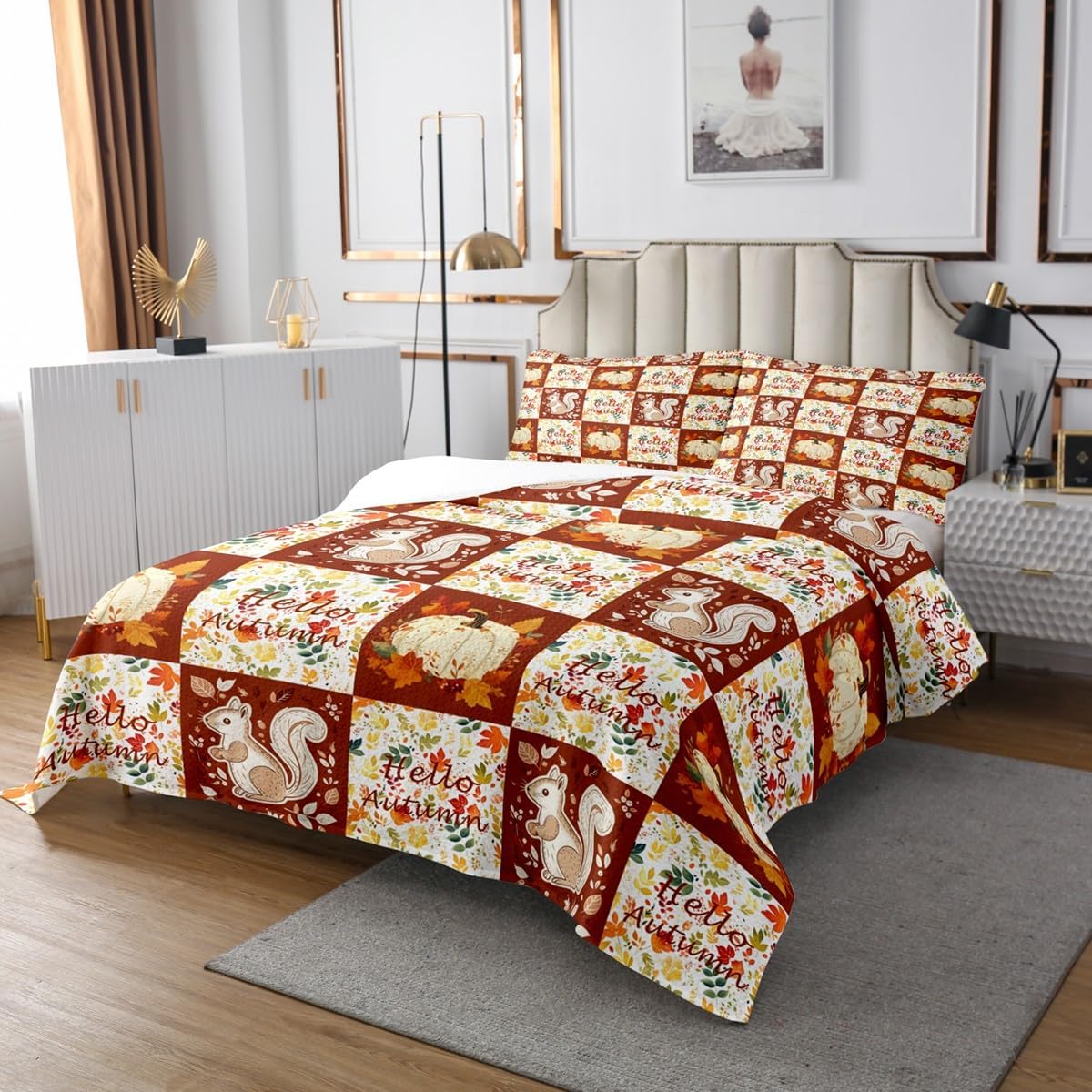 Homewish Hello Autumn Bedspread Twin Size,Pumkin Maple Leaves Bedding Set for Kids Girls Boys Teens Room Decor,Orange Brown Grid Patchwork Comforter Set Cartoon Squirrel Quilt Coverlet,1 Pillowcase