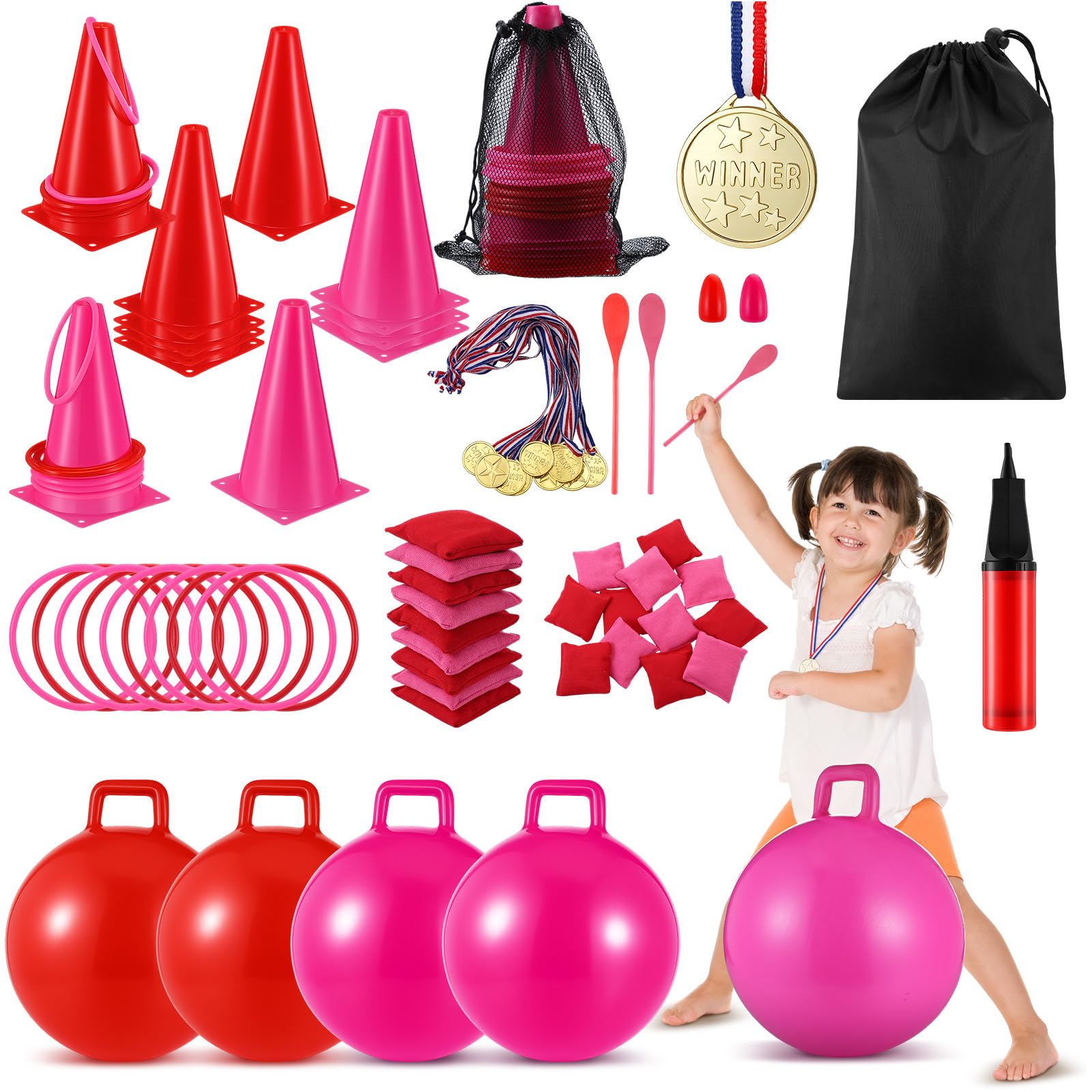 Photo 1 of **MISSING PIECES** Sotiff 55 Pcs Valentine's Day Games for Kids Carnival Activity Galentine Games with Hopper Balls, Ring Toss, Bean Bags, Egg Spoon Relay Race for Classroom Indoor Outdoor Family Party Yard Supplies