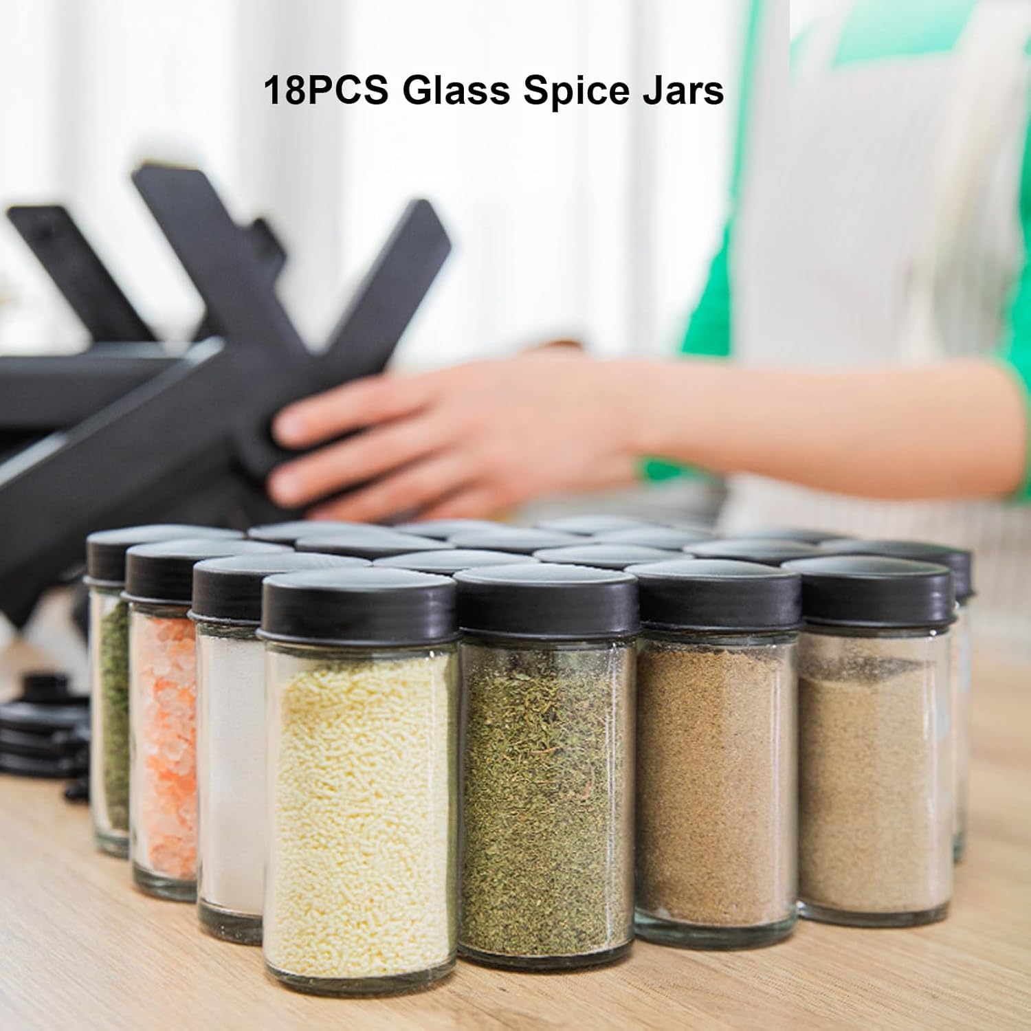 Rotating Condiment Rack Organizer, 18 Jar Glass Condiment Carousel Revolving Rack with Labels and Collapsible Funnel for Kitchen Countertop