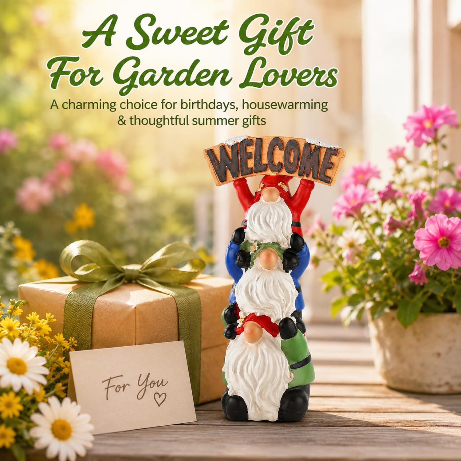 9.25" Stacked Gnome Welcome Decor with Lighted Sign, Resin Holiday Gnome Figurine, Perfect for Porch, Entryway, Balcony, Patio, Solar Garden Lights Outdoor for Mom, Grandma, Gardeners