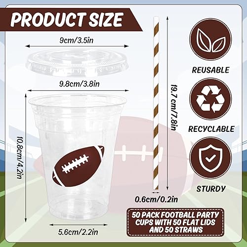 Miniatura 2 de Whaline 50 vasos de plástico desechables de fútbol con tapas y pajitas de 12 onzas para fiestas temáticas deportivas, vasos para bebidas frías para