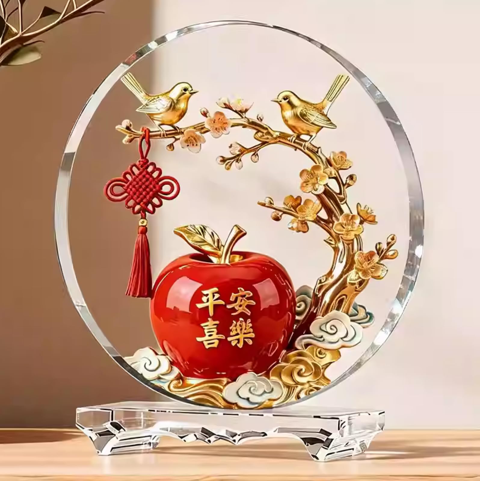 Glasskulptur Elster mit rotem Apfel Ornament aus Glas Geschenkidee zum Geburtstag oder zur Hochzeit Tischdekoration für Wohnzimmer und Esszimmer