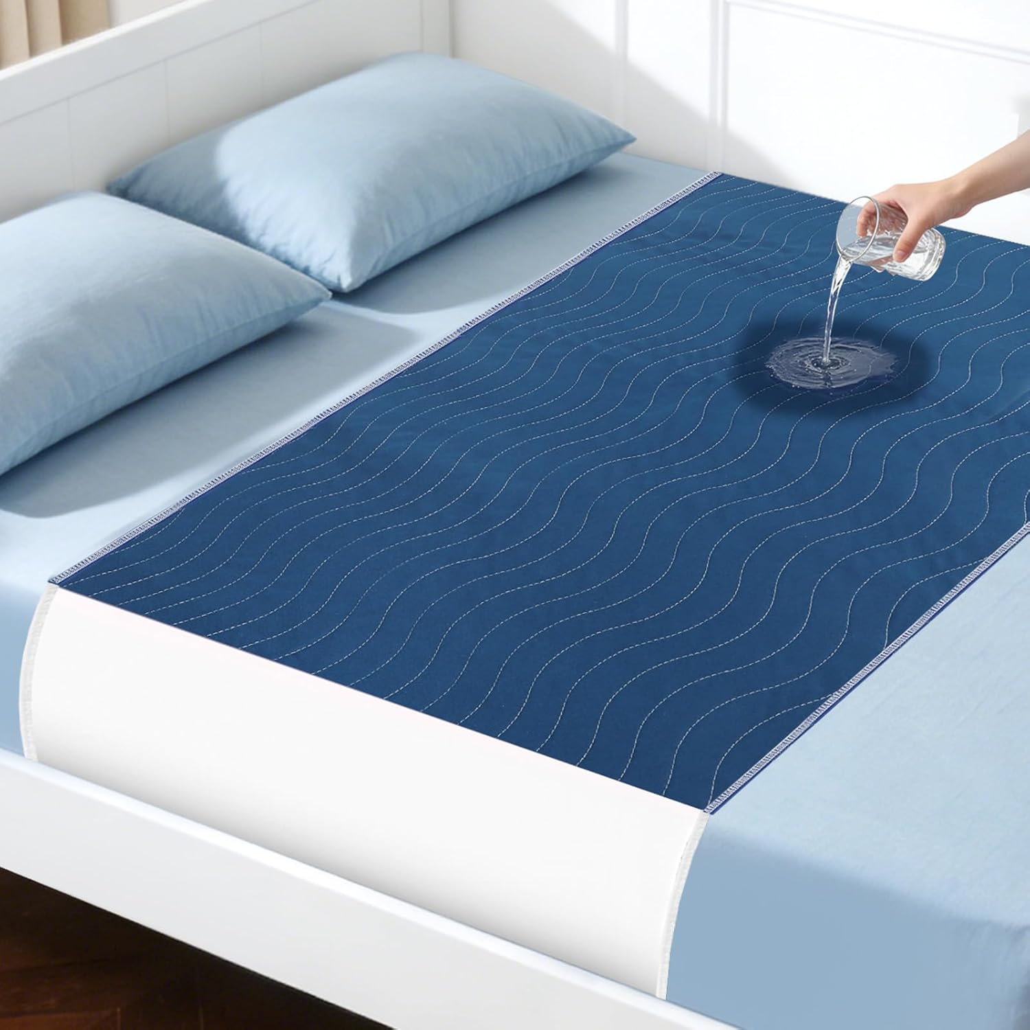 Bed Pads Washable Waterproof for Incontinence, Reusable Underpads with Tuckable Wings, Stay-in-Place Mattress Protector for Adults & Seniors, 37" x 36" Fits Twin & Twin XL Beds (Navy)