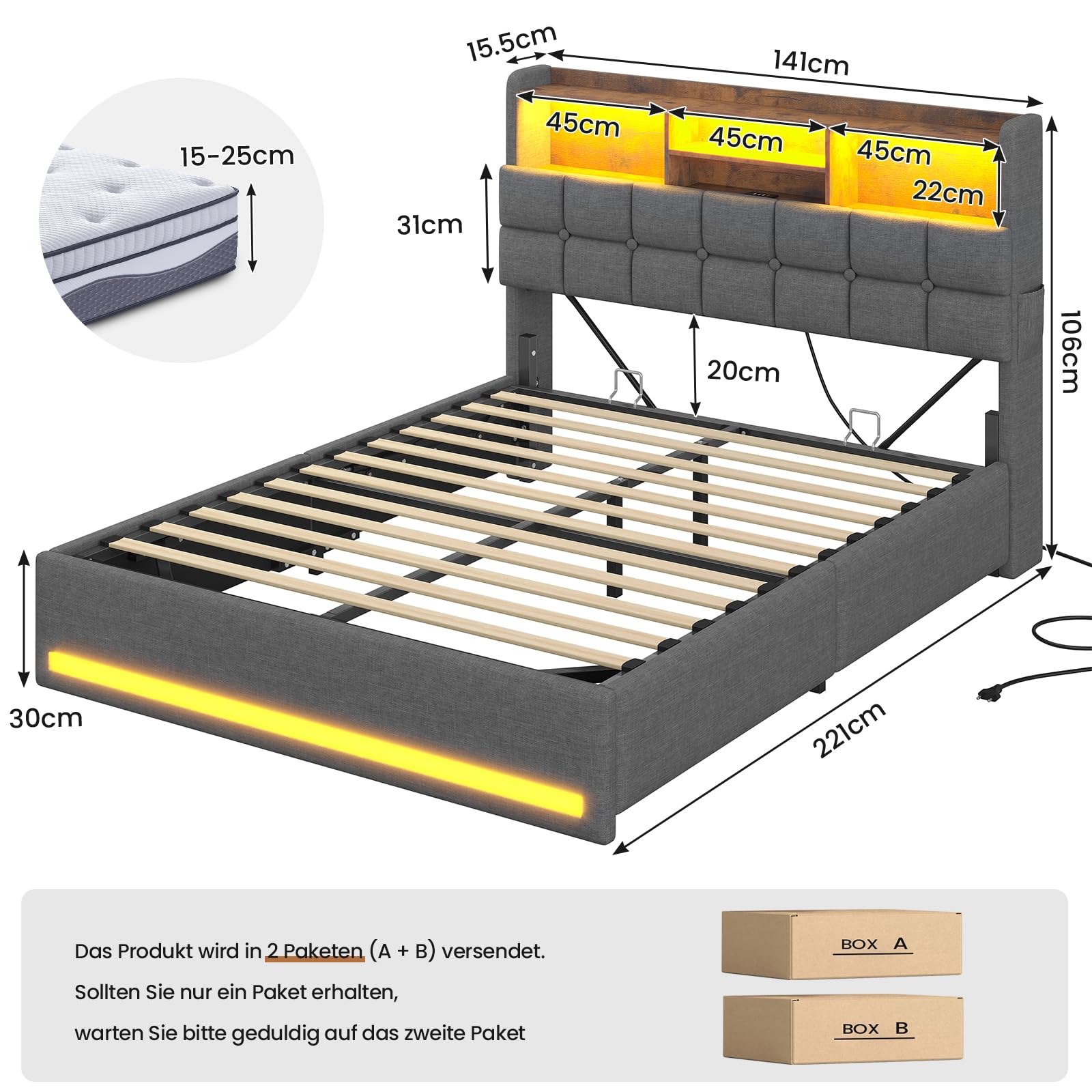 AOGLLATI Polsterbett 140×200 Hydraulisches Stauraumbett mit LED-Bleuchtung,Jugendbett mit USB- und Type-C-Anschlüsse Doppelbett Bettgestell mit Holzlatten, Leinenstoff,ohne Matratze(Grau, 140x200cm)