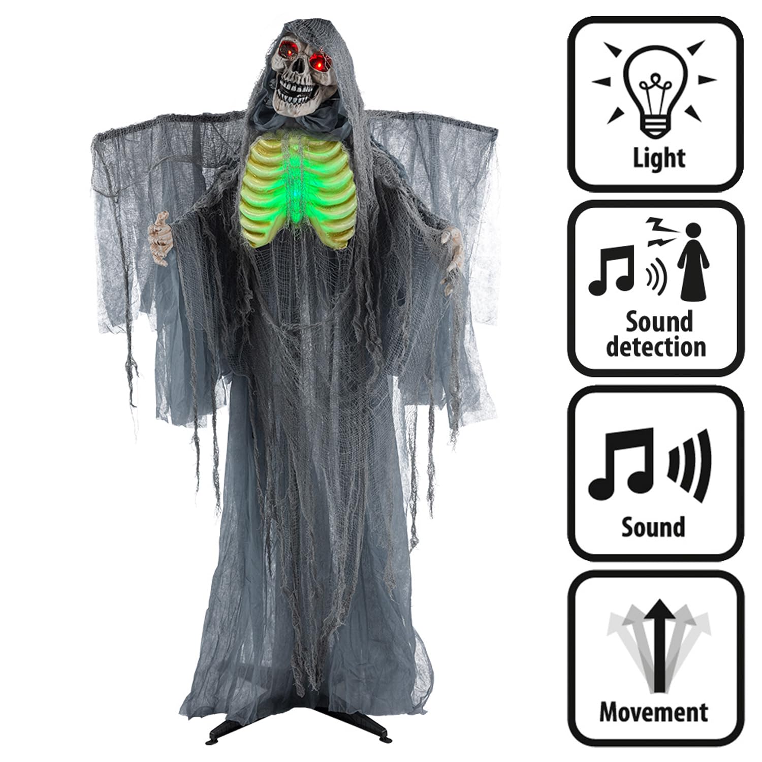 Boland - Guardián Interactivo de la Cripta de Terror, 170 cm | Decoración de la Parca con LED, movimiento y sonido para Halloween, Carnaval y fiestas temáticas