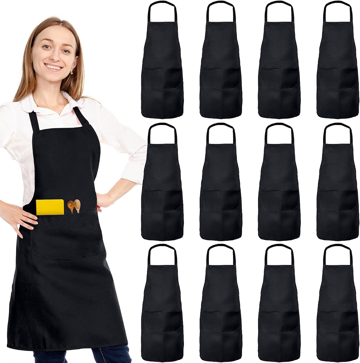 Paquete de 12 delantales de babero, delantales de cocina de restaurante unisex para mujeres con 2 bolsillos, delantales de chef para cocinar barbacoa para hombres, manualidades de dibujo para adultos, negro a granel