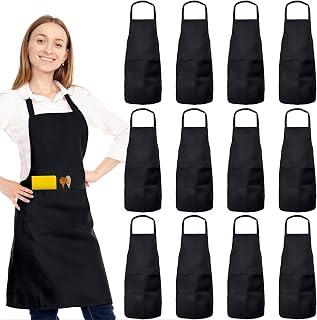 12 Pack Black Bib Aprons with 2 Pockets - Unisex Chef Kitchen Aprons for Men Women Cooking BBQ Crafts Bulk Durable