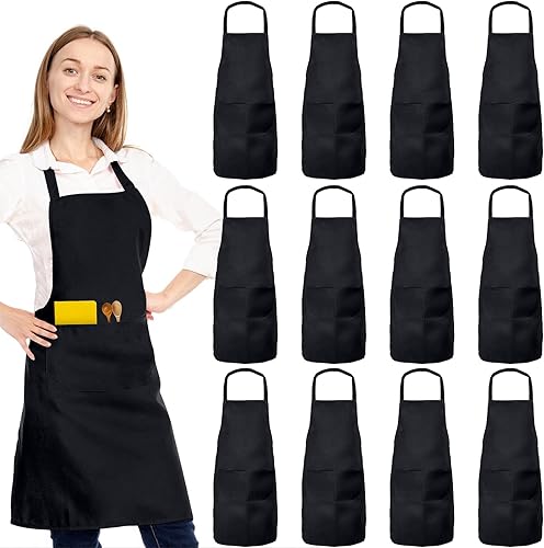 Paquete de 12 delantales con peto, delantales unisex de cocina de restaurante para mujeres con 2 bolsillos, delantales de chef para cocinar,